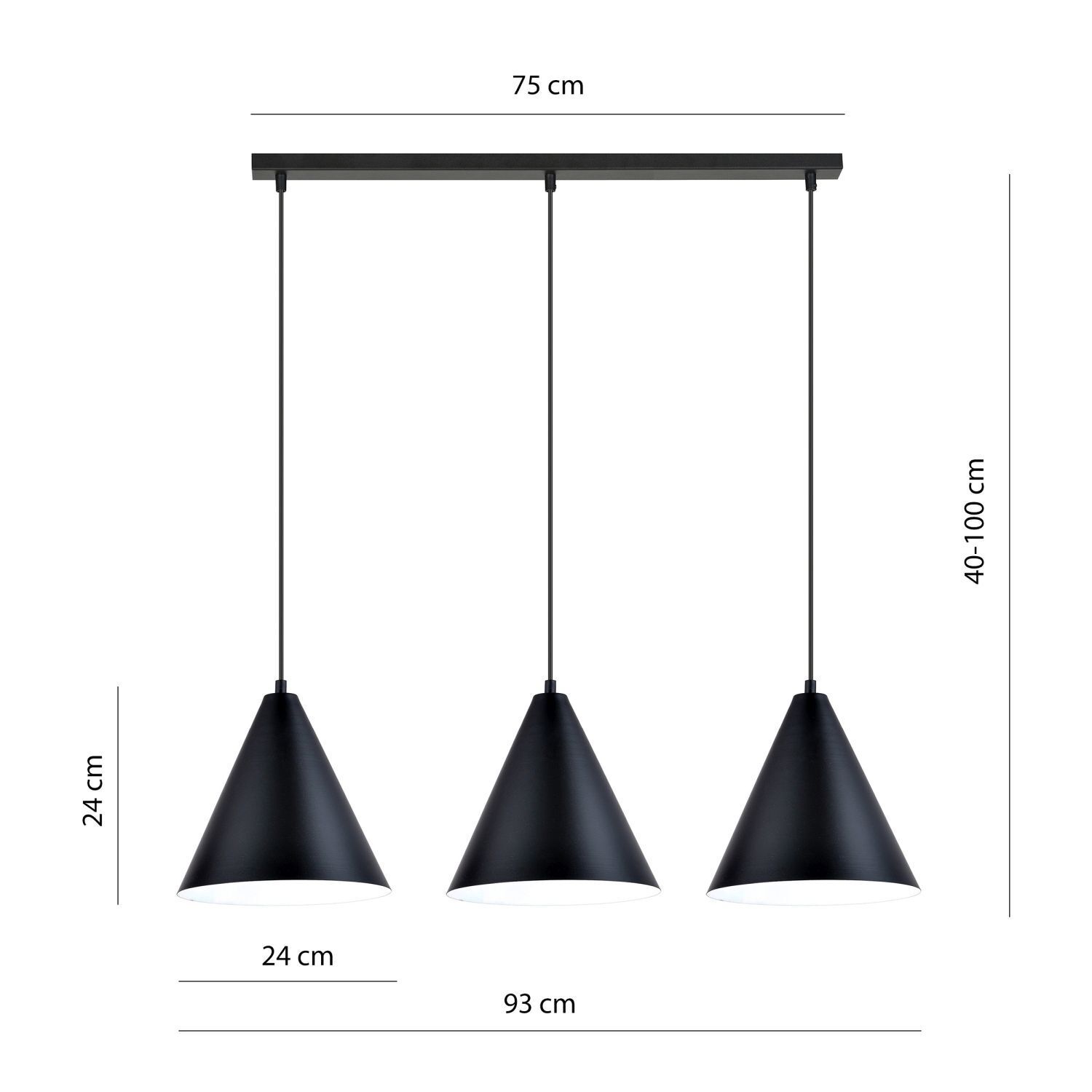 Hängelampe Metall L: 92 cm Schwarz Weiß E27 3-flammig