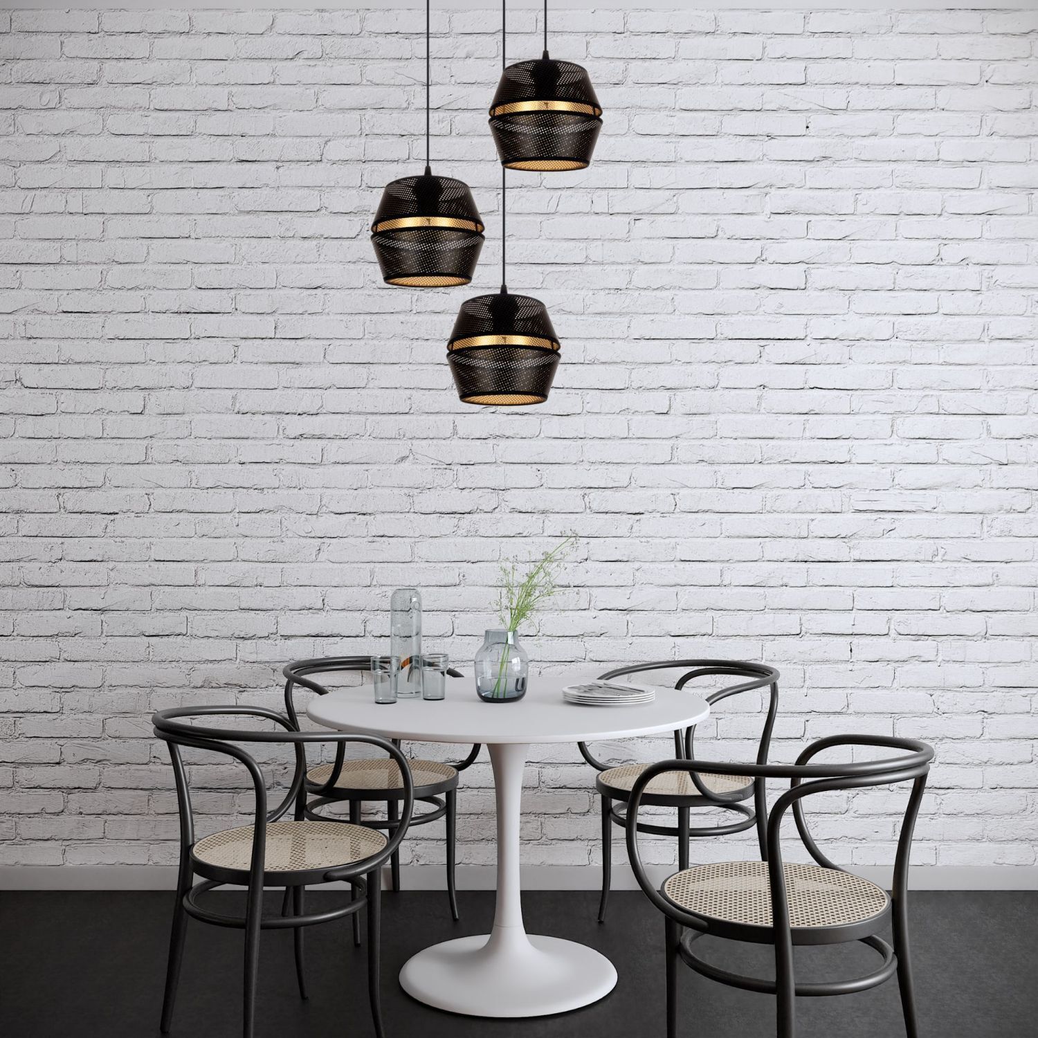Runde Hängelampe Schwarz Gold Metall B:45 cm E27 3-flmg