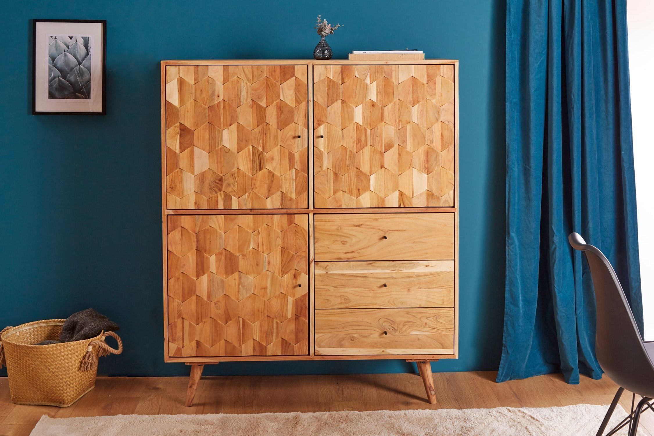 Highboard Holz Akazie 118 x 140 cm 3D-Front Schubladen Türen Innenarchitektur, Mobiliar, Holz, Hartholz, Kommode