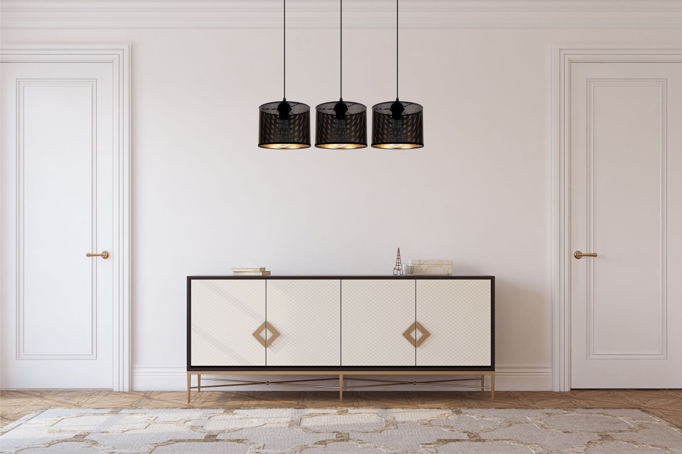 Pendelleuchte Metall Schwarz Gold E27 3-flmg 70 cm lang sideboard, Konsole, Schrank, Beleuchtung, Wohnkultur