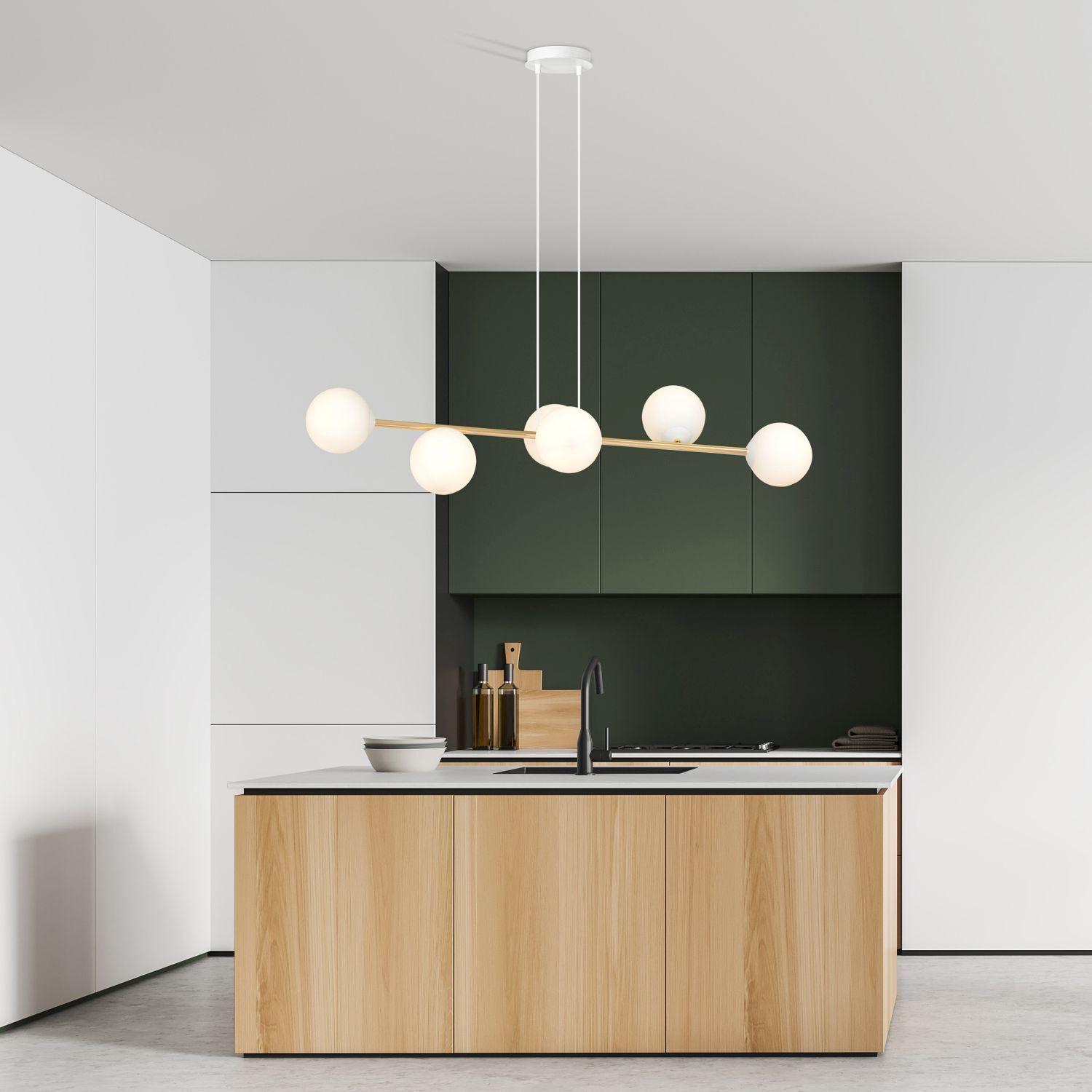 Hängelampe Metall Glas in Weiß Gold 110 cm lang