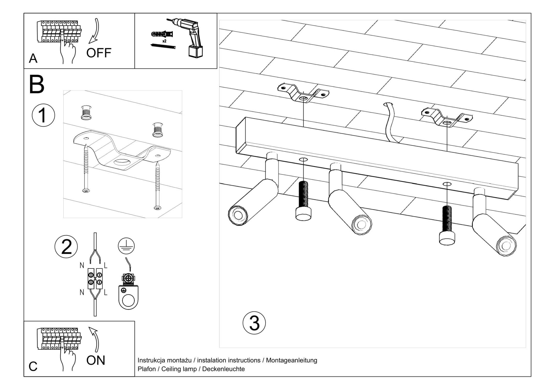 Deckenstrahler Metall 35 cm Weiß verstellbar 3-flammig