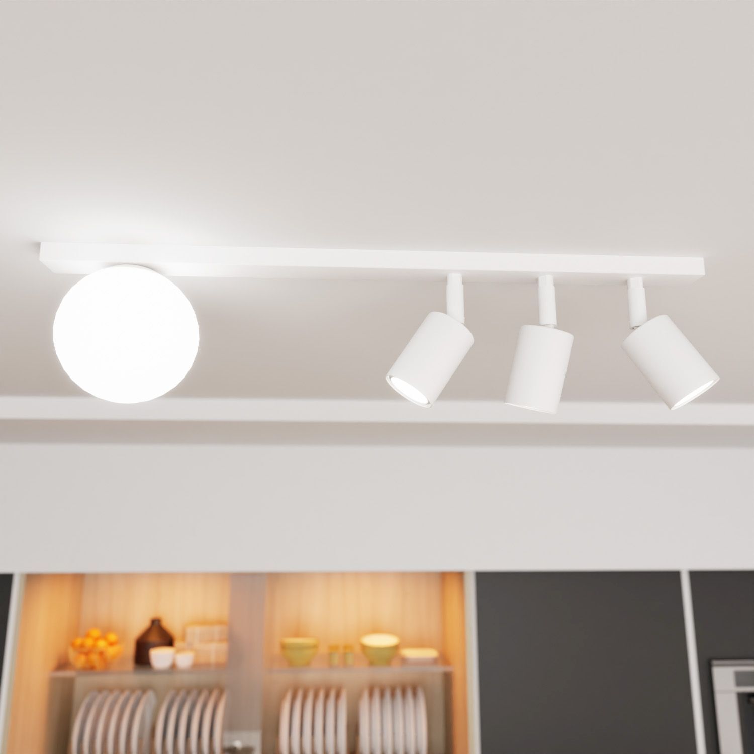 Deckenspot Glas Metall 70 cm lang Weiß 3x GU10 + E14