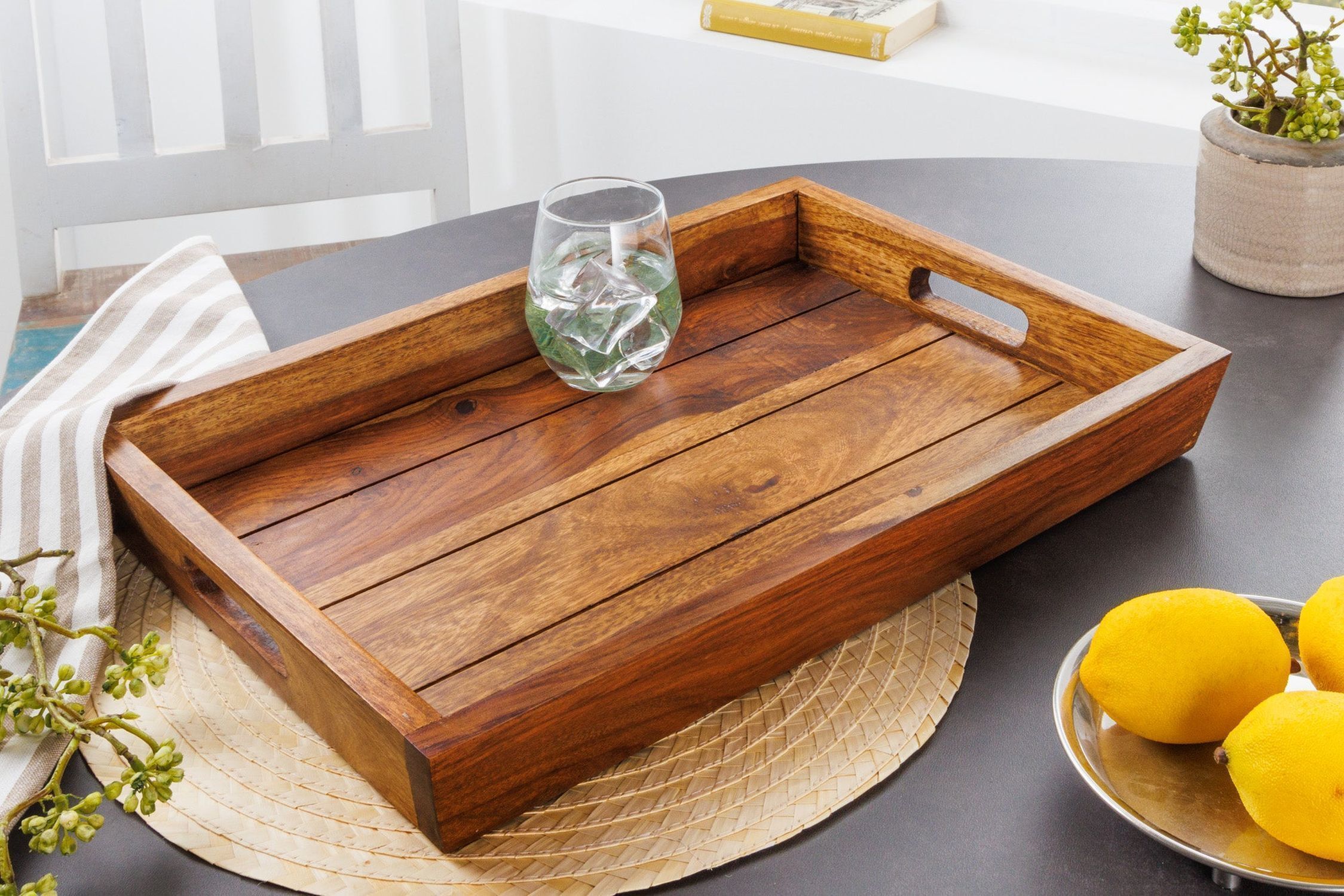 Tablett Holz Sheesham 29 x 44 cm mit Griffen Unikat Hartholz, Holz, Gebeiztes Holz, Schneidbrett, Essen