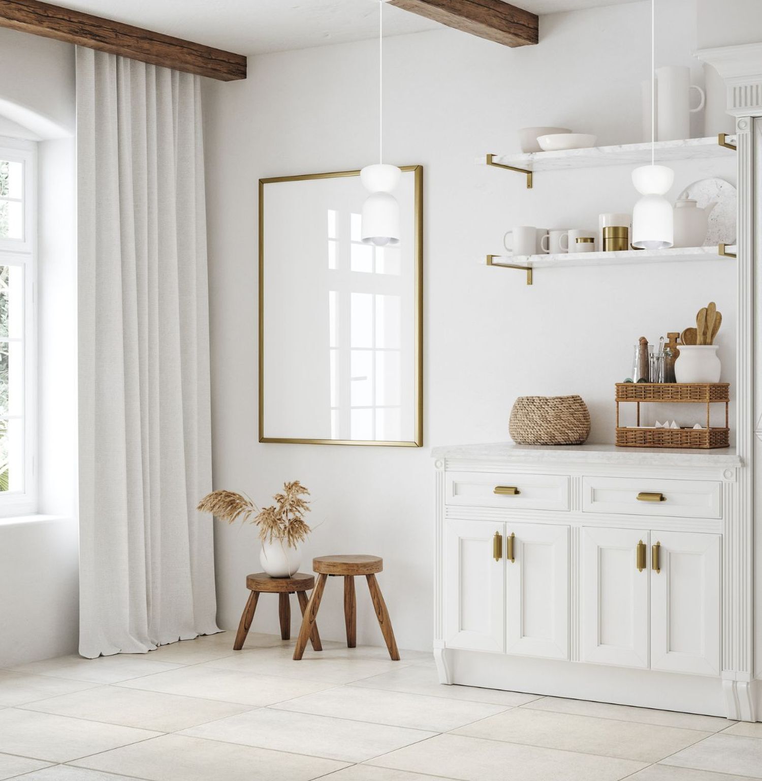 Küchenschrank, weißes Regal, Steinschrank?, neutrale Dekoration, Holzschemel