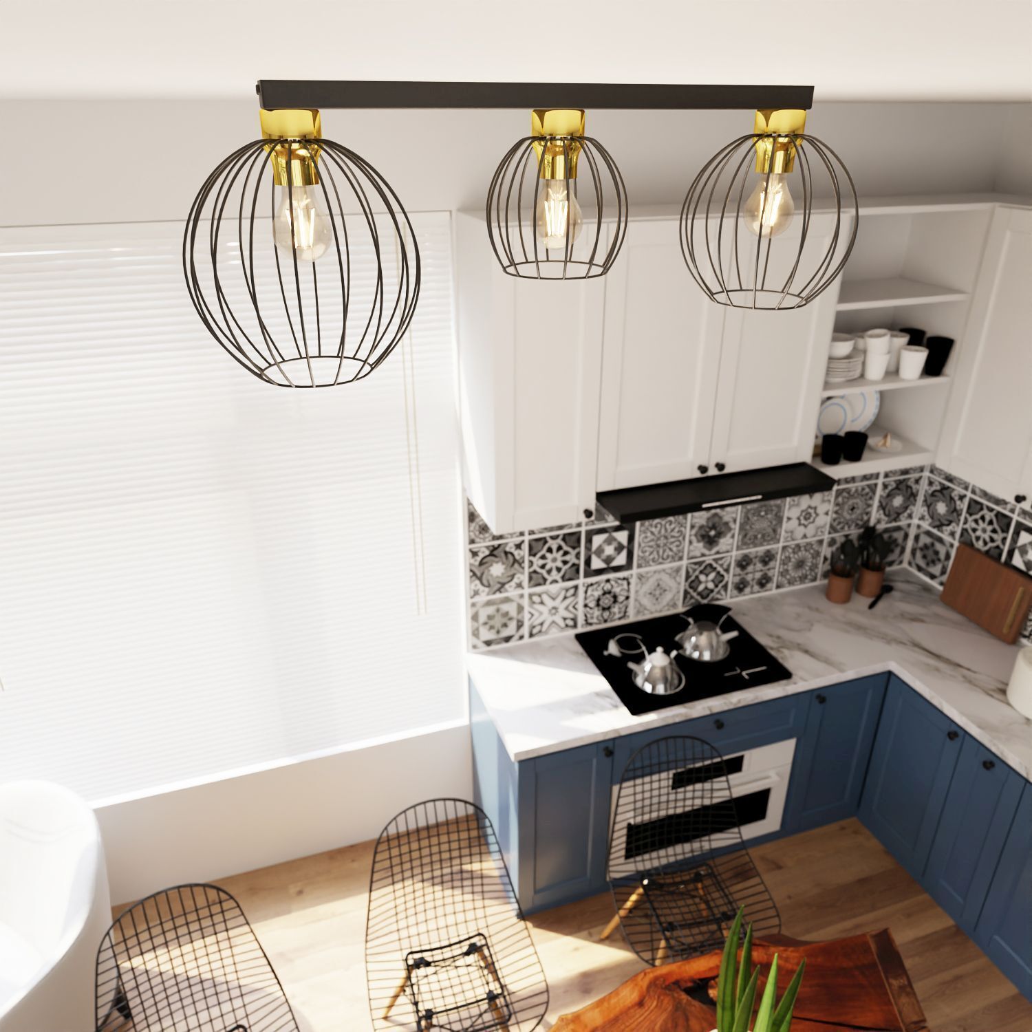 Elegante Deckenlampe E27 Schwarz Gold Metall 60 cm lang Drinnen, Küche, Leuchte, Innenarchitektur