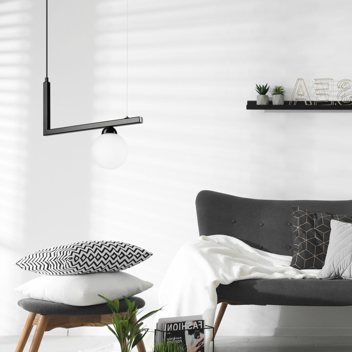 Hängelampe Glas Metall B: 48 cm Schwarz Weiß Kugelschirm