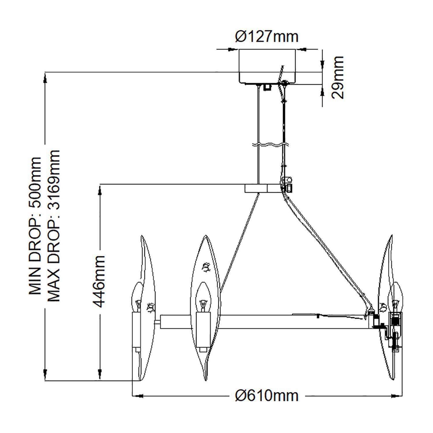 Kronleuchter Metall Ø 61 cm Ring H: max. 316,9 cm Schwarz Gold Bogen, Waffe