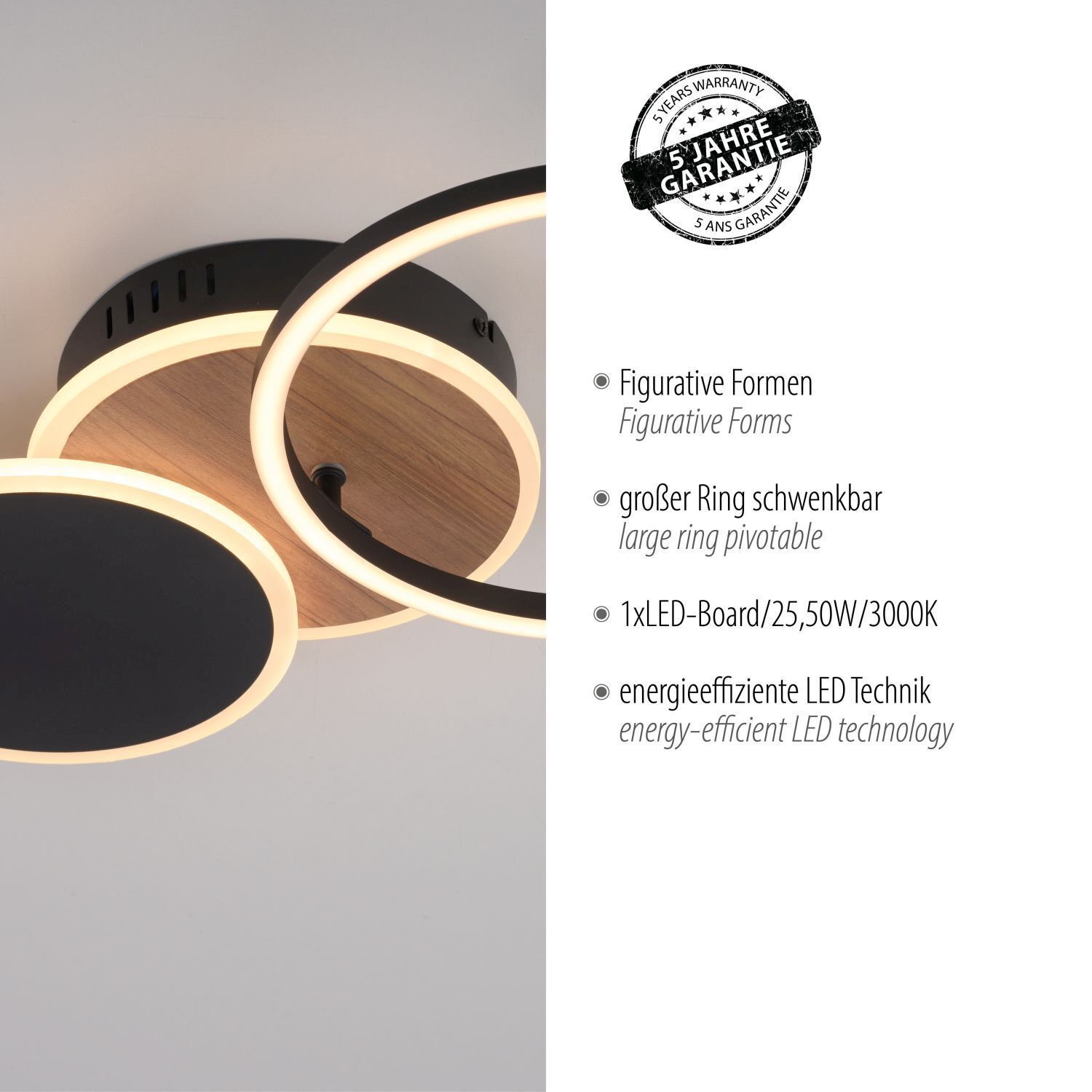 LED Deckenlampe Schwarz Natur warmweiß 26 W verstellbar