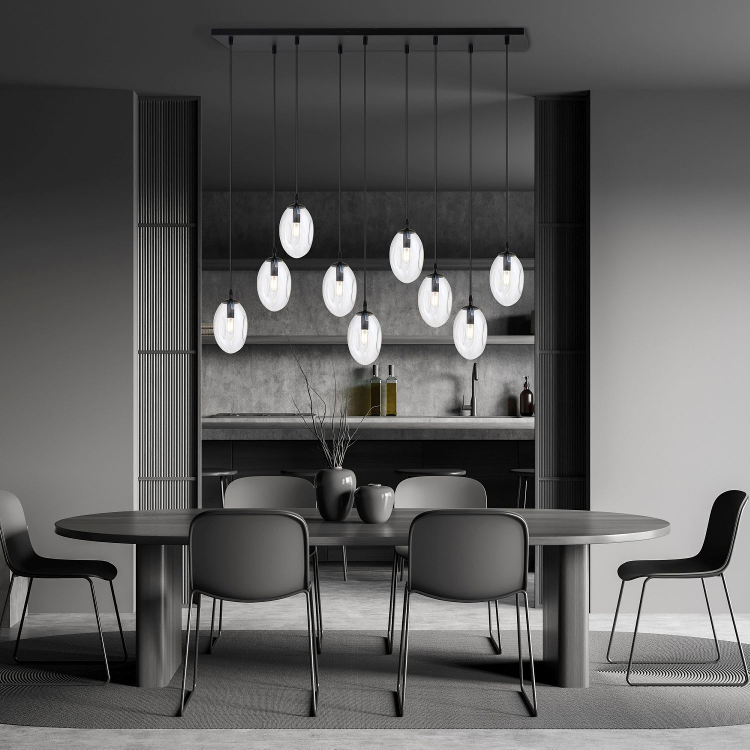 Hängelampe groß 100 cm 9x E14 Glas höhenverstellbar Speisesaal, Esstisch, Tisch, Innenarchitektur, Cafeteria