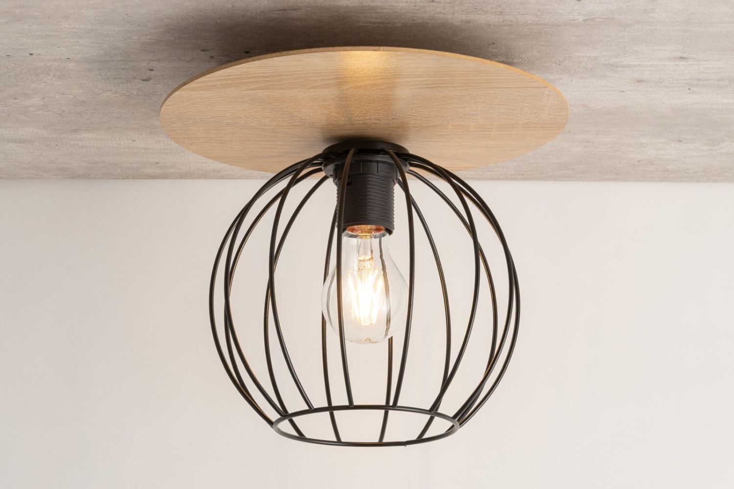 Deckenlampe Schwarz Natur E27 Holz Metall Kugelschirm