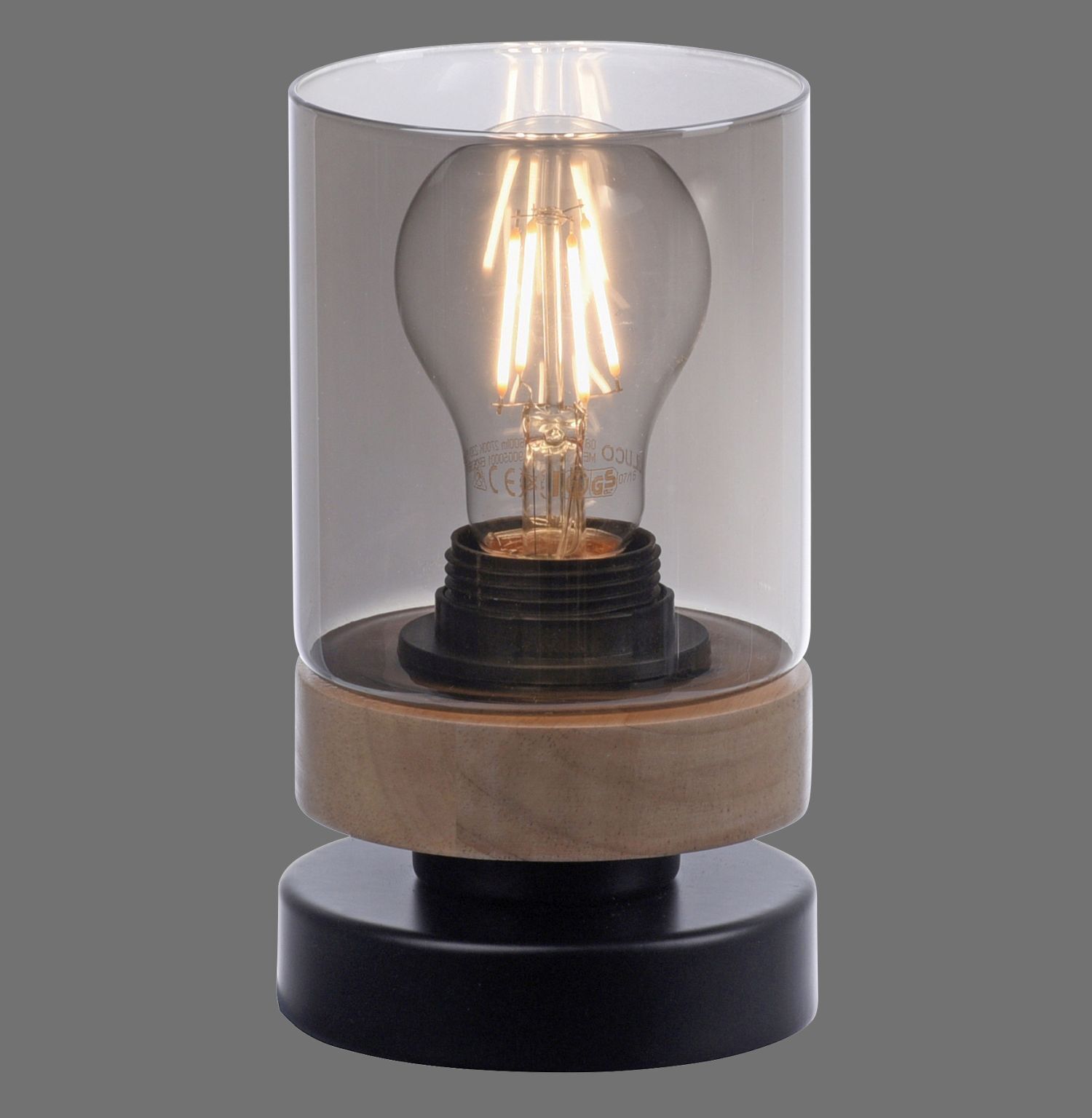 Blendarme Tischleuchte Rauchglas Holz E27 H:18 cm klein Licht, Lampe