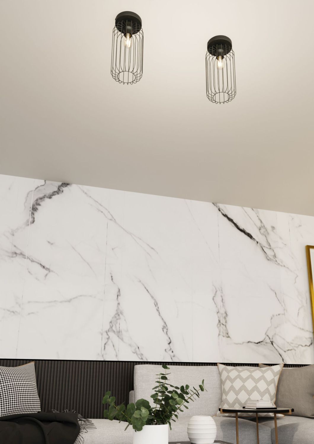 Draht Deckenlampe Schwarz Metall E27 Ø16 cm rund Retro Drinnen, Innenarchitektur, Gebäude, Mauer, Pflanze