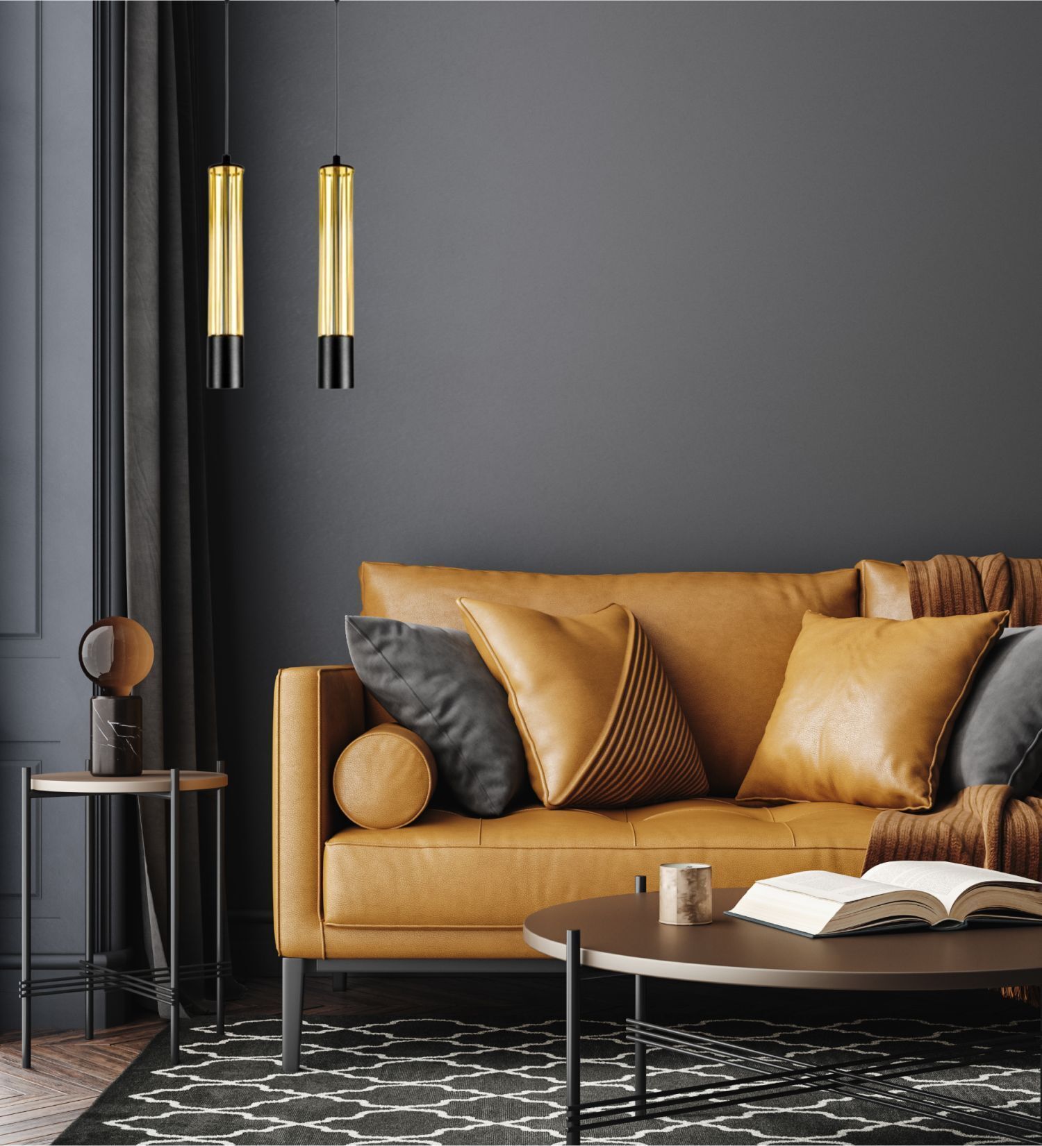 Hängelampe Metall GU10 35 cm lang Schwarz Gold stilvoll Lampe, Dekoration für Zuhause, Wohnzimmer, Innenarchitektur, Couch