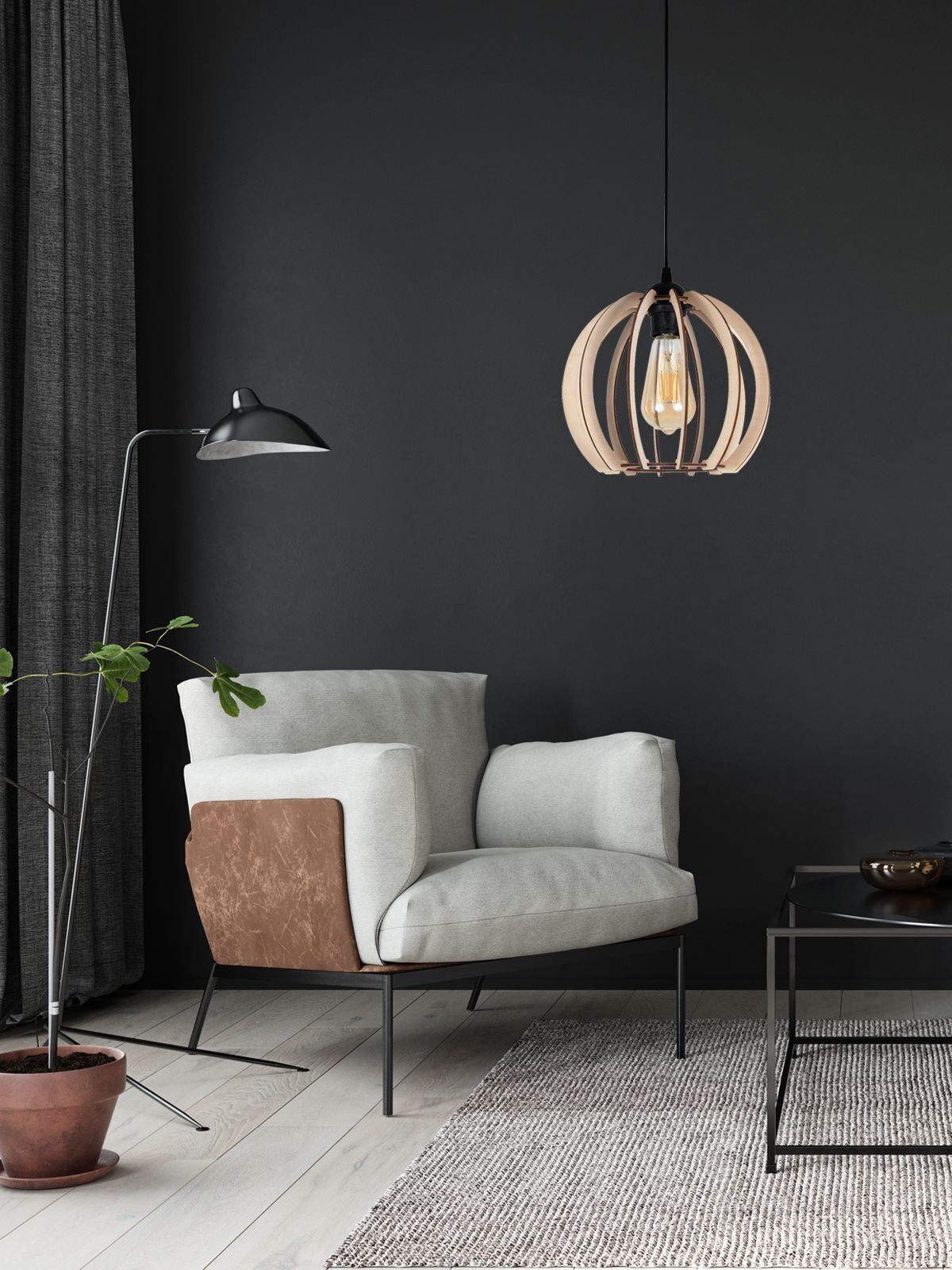 Runde Pendelleuchte Holzschirm Metall E27 Kugel Ø24 cm Sessel, Wohnzimmer, Grau, Beige, Lampe