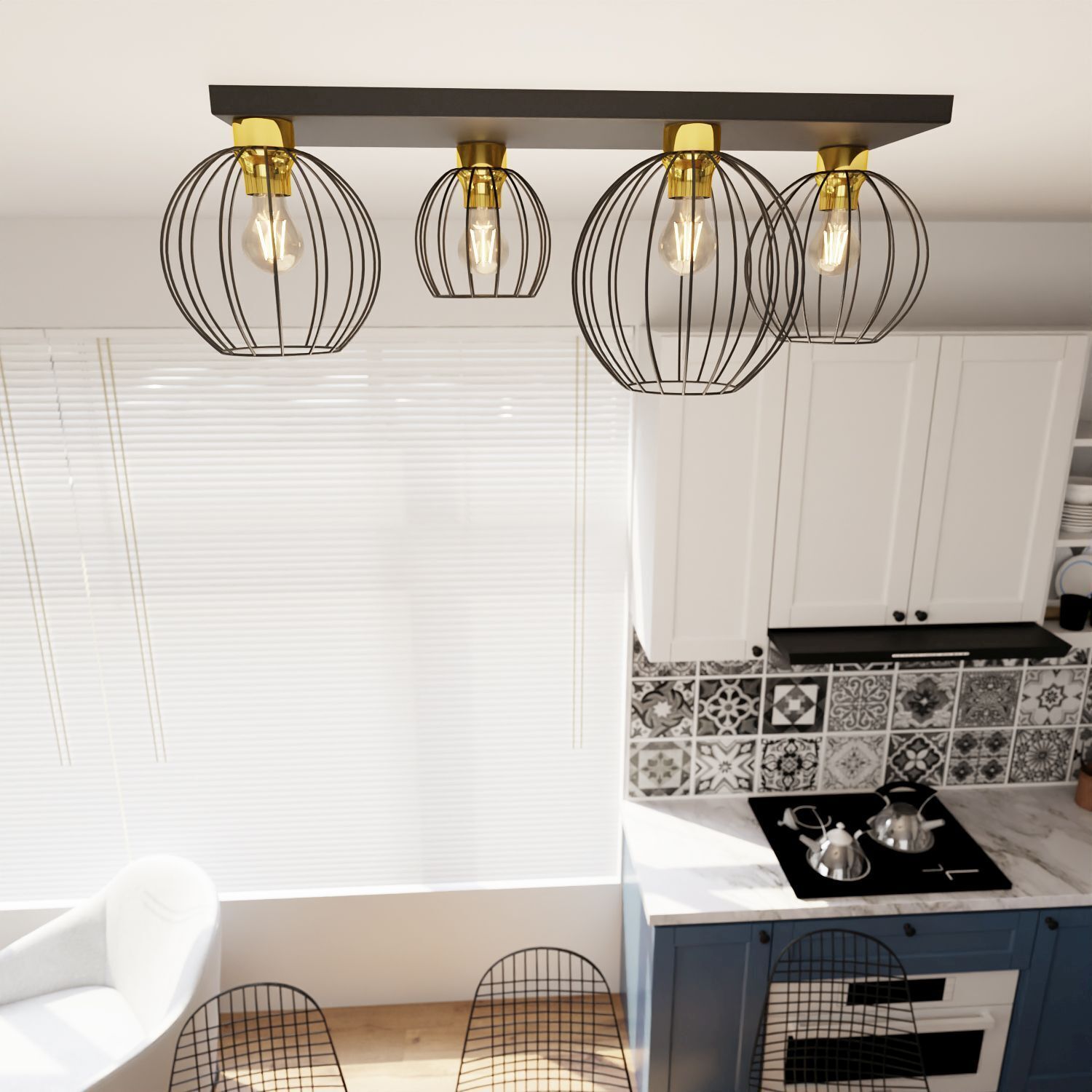 Stilvolle Deckenleuchte Schwarz Gold Metall E27 L:70 cm de, Beleuchtung, Deckenleuchte, Pendel, Gitterrahmen