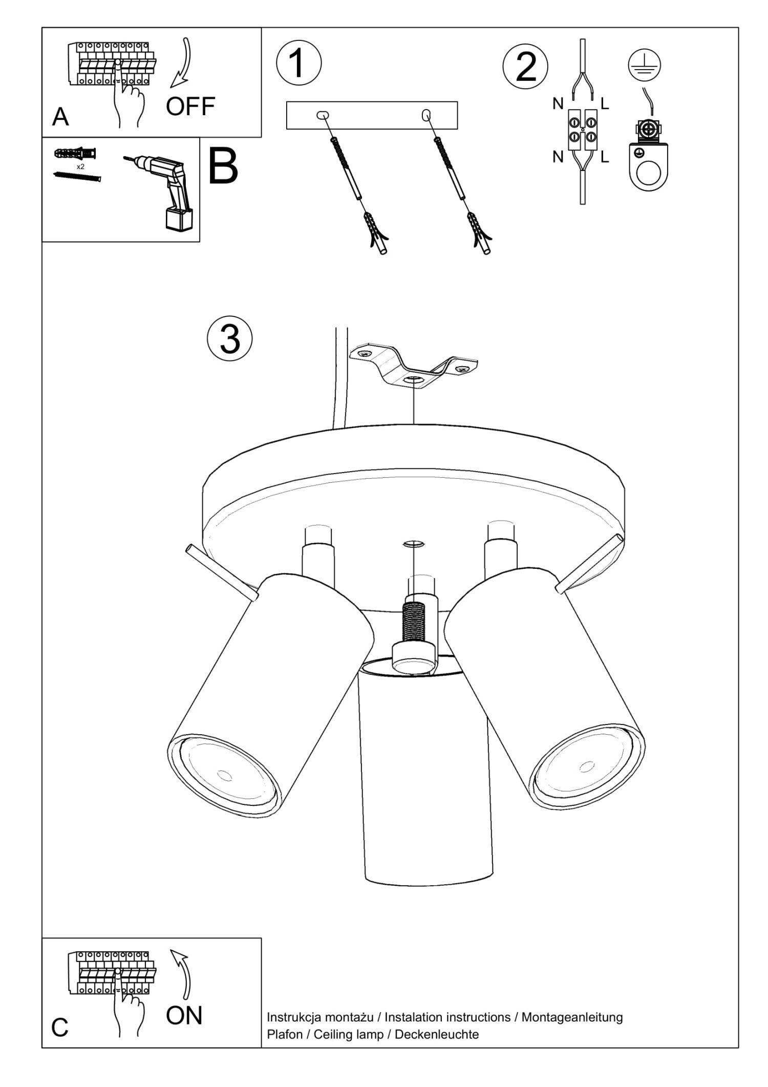 Deckenlampe 3-flammig Weiß Ø 20 cm Metall verstellbar