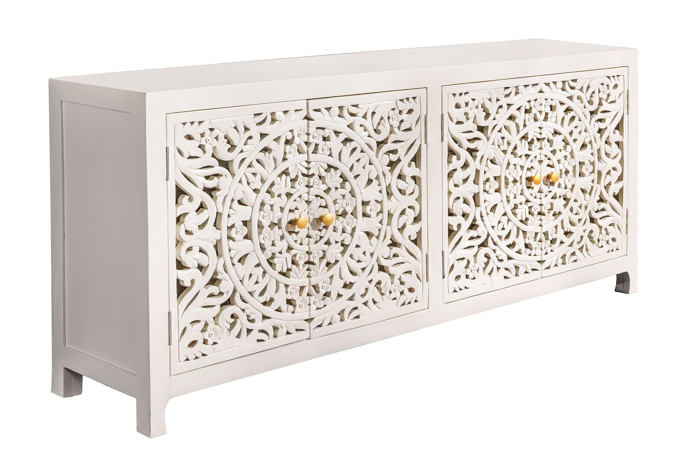 Sideboard Holz 170 cm Weiß Gold Handarbeit dekorativ Moebel, Anrichte, Kabinett, Schublade, Krippe