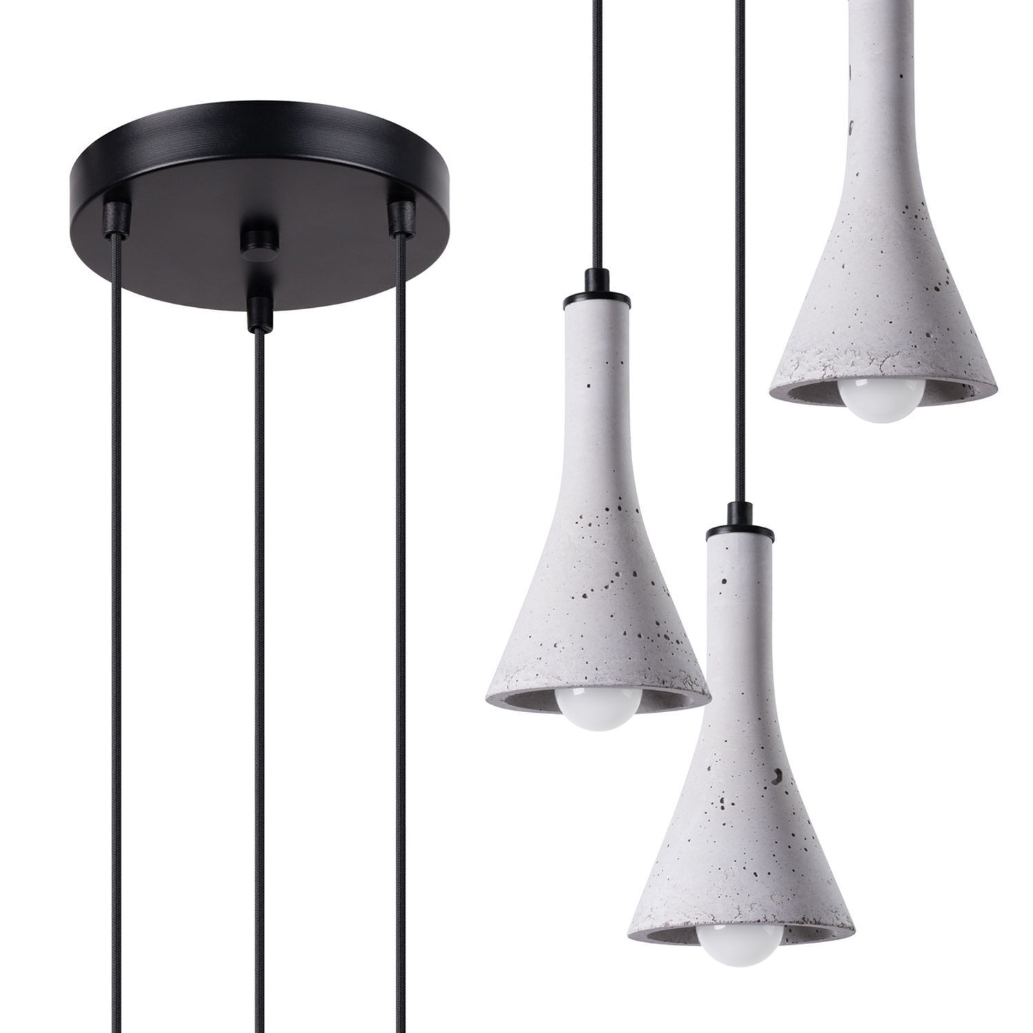 Hängelampe Beton Grau Schwarz E14 B:27 cm 3-flammig Hängeleuchte, Pendelleuchte, Betonoptik, Kegelform, E27-Lampe