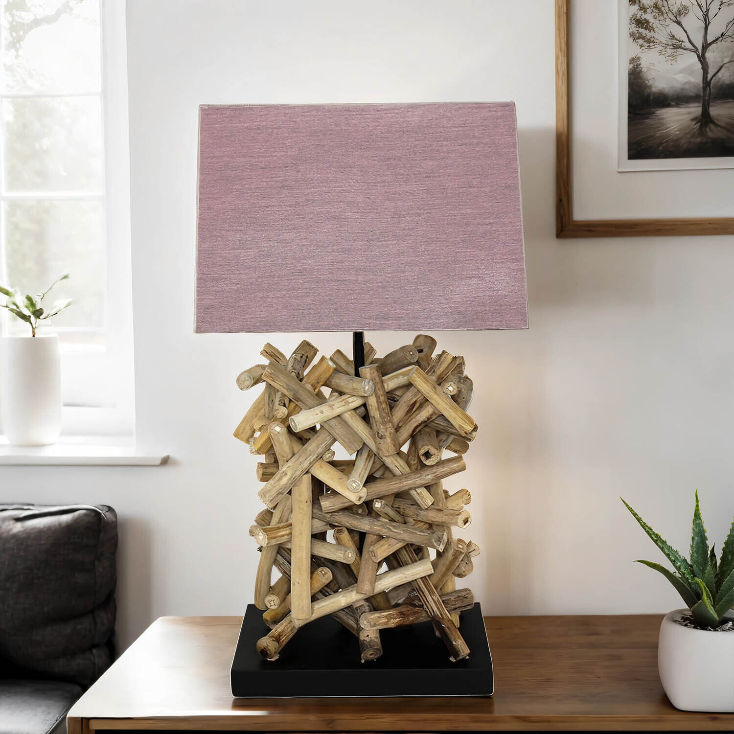 Design Tischleuchte Treibholz Stoff dekorativ Wohnzimmer Lampe, Holz