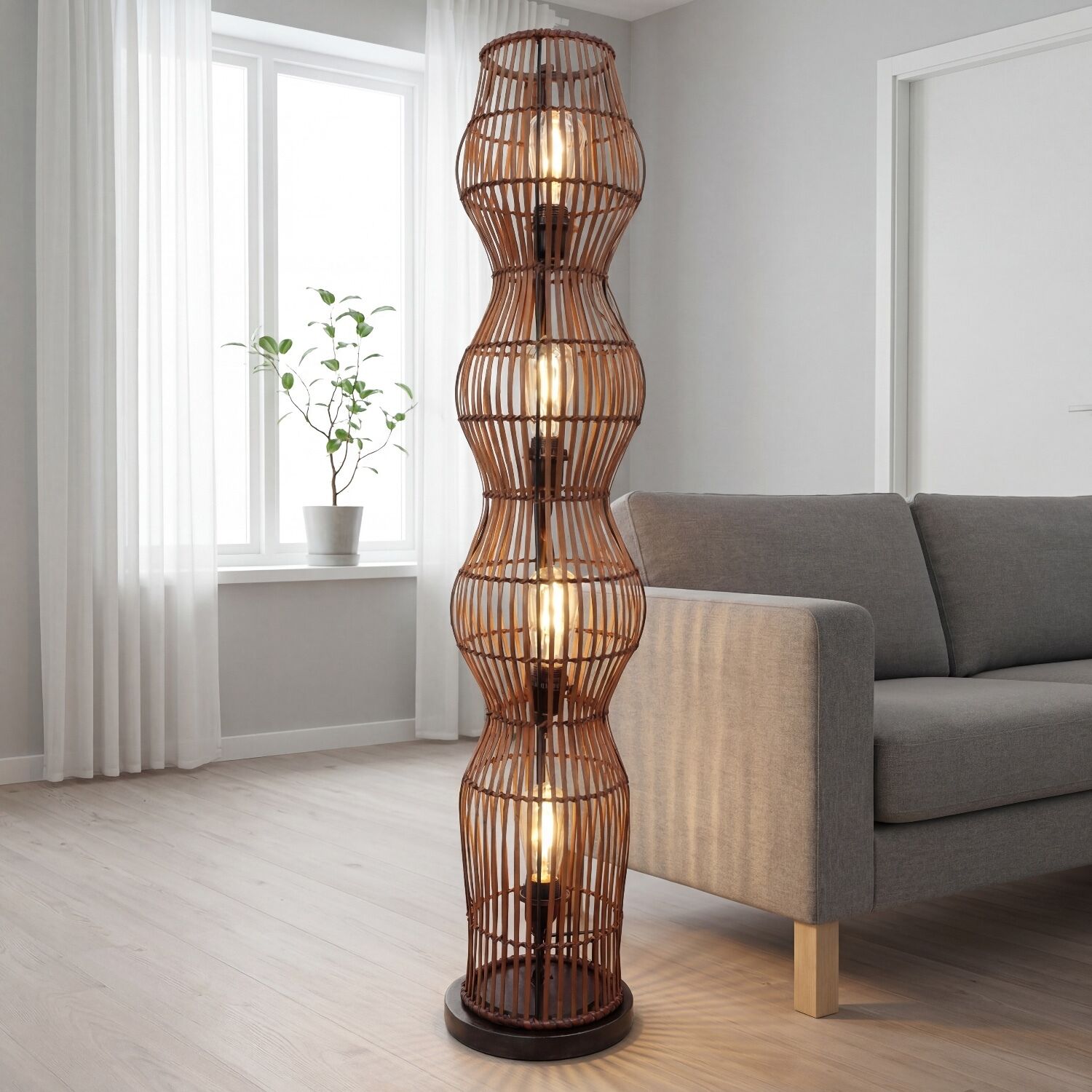 Kleine Stehlampe Bambus Braun 111 cm E27 Skandinavisch Stehlampe, Standlampe, gewebte Lampe, Rattanlampe, neutrale Dekoration