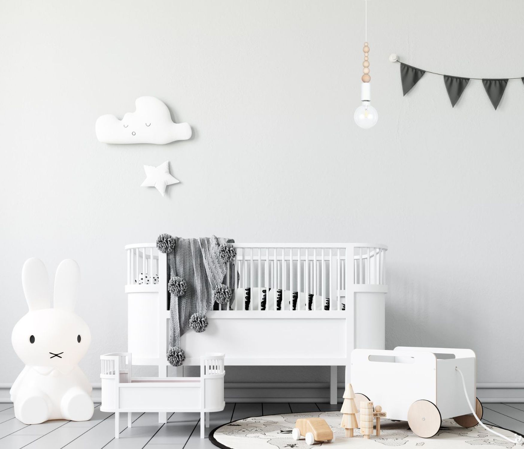 baby crib, Kinderbett, Krabbeldecke, Wolken-Dekoration, neutrale Wickelzimmer