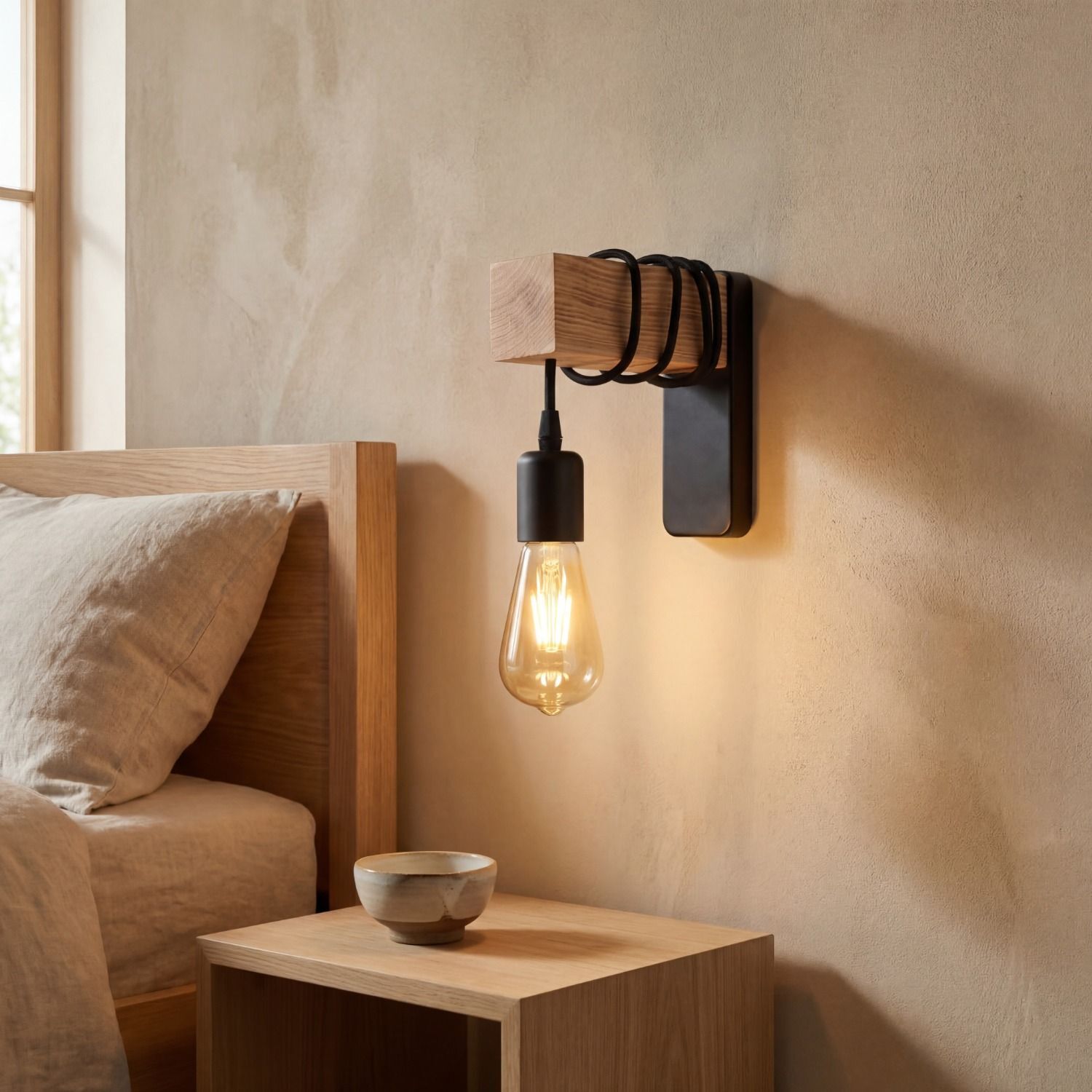 Wandlampe Metall E27 16 cm hoch geflammtes Holz Schwarz wandlampe, hängelampe, e27, glühbirne, holz