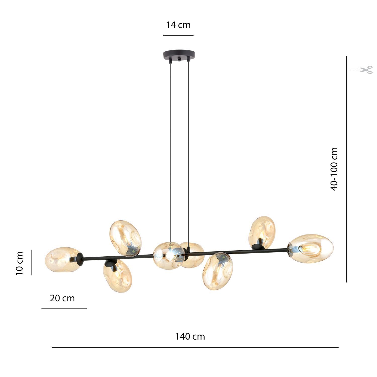 Hängelampe lang 140 cm 8x E14 Glas Metall dekorativ