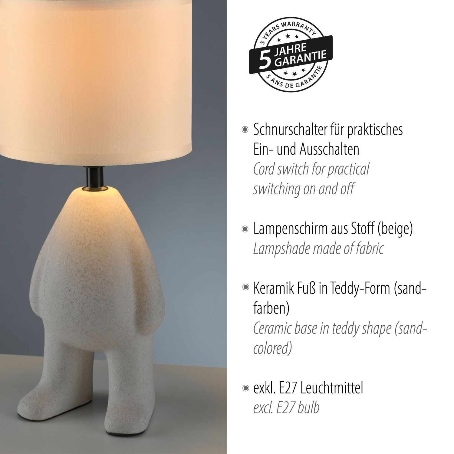 NachtTischlampe Keramik Stoff Teddy 38 cm E27 blendarm Lampe, Tischlampe