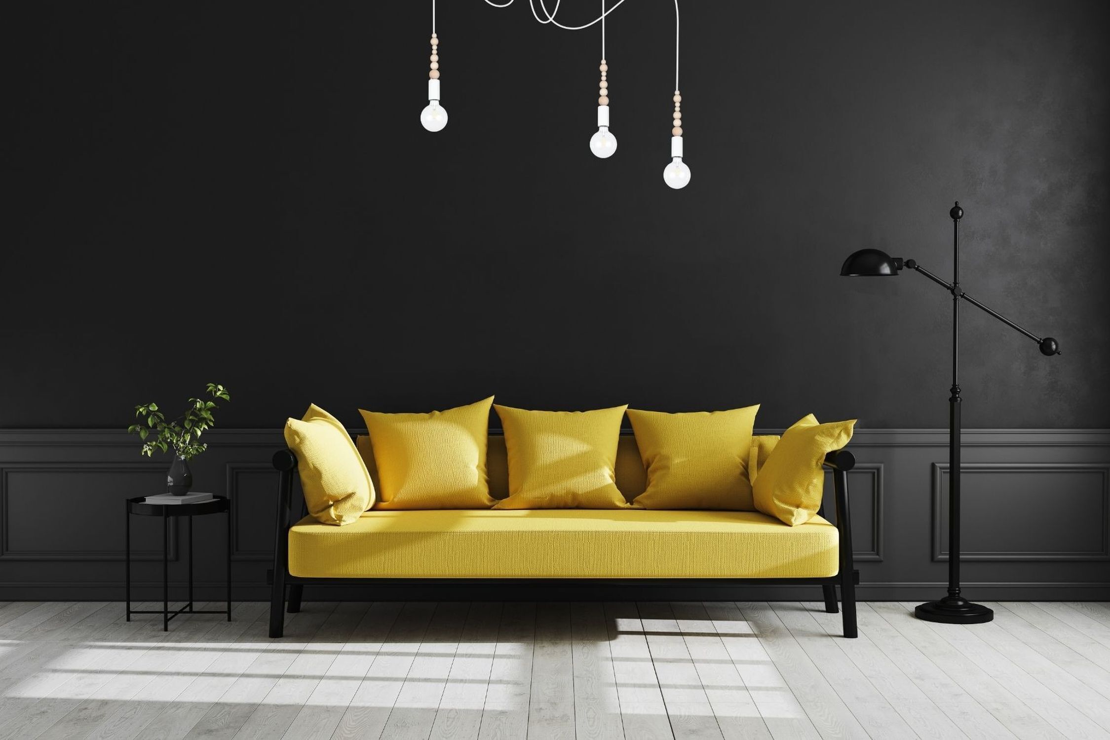 sofa, gelb, kissen, schwarze wand, bodenlampe