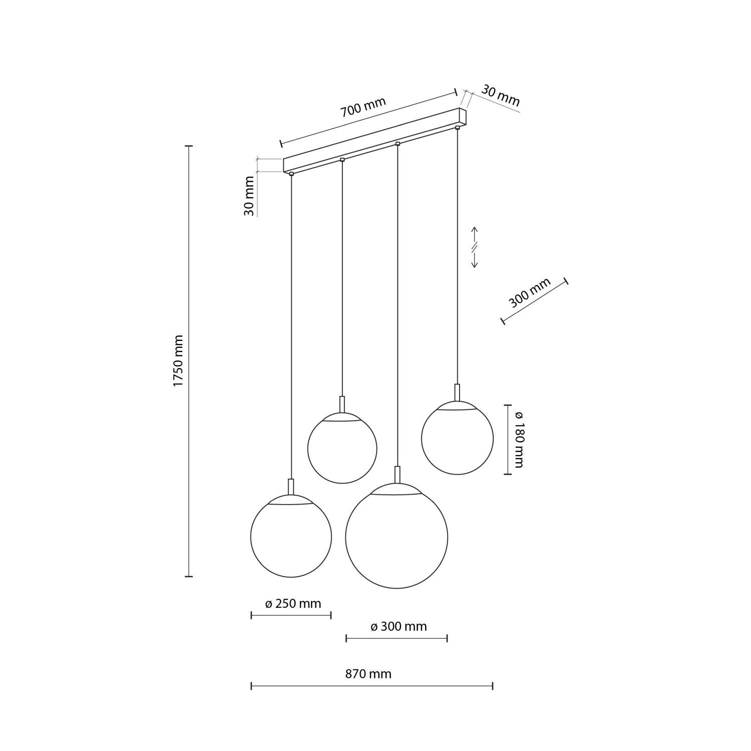 Pendelleuchte Glas Metall L: 87cm Schwarz Weiß E27 4-flammig Diagramm, Handlung, Besteck, Maße