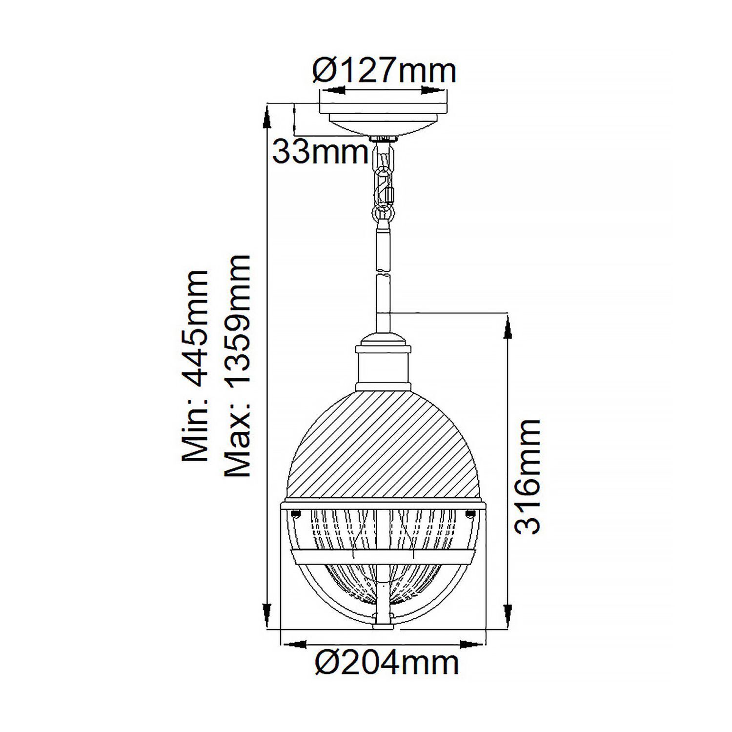 Hängelampe klein Ø 20,4 cm rund H: max. 135,9 cm Metall Glas