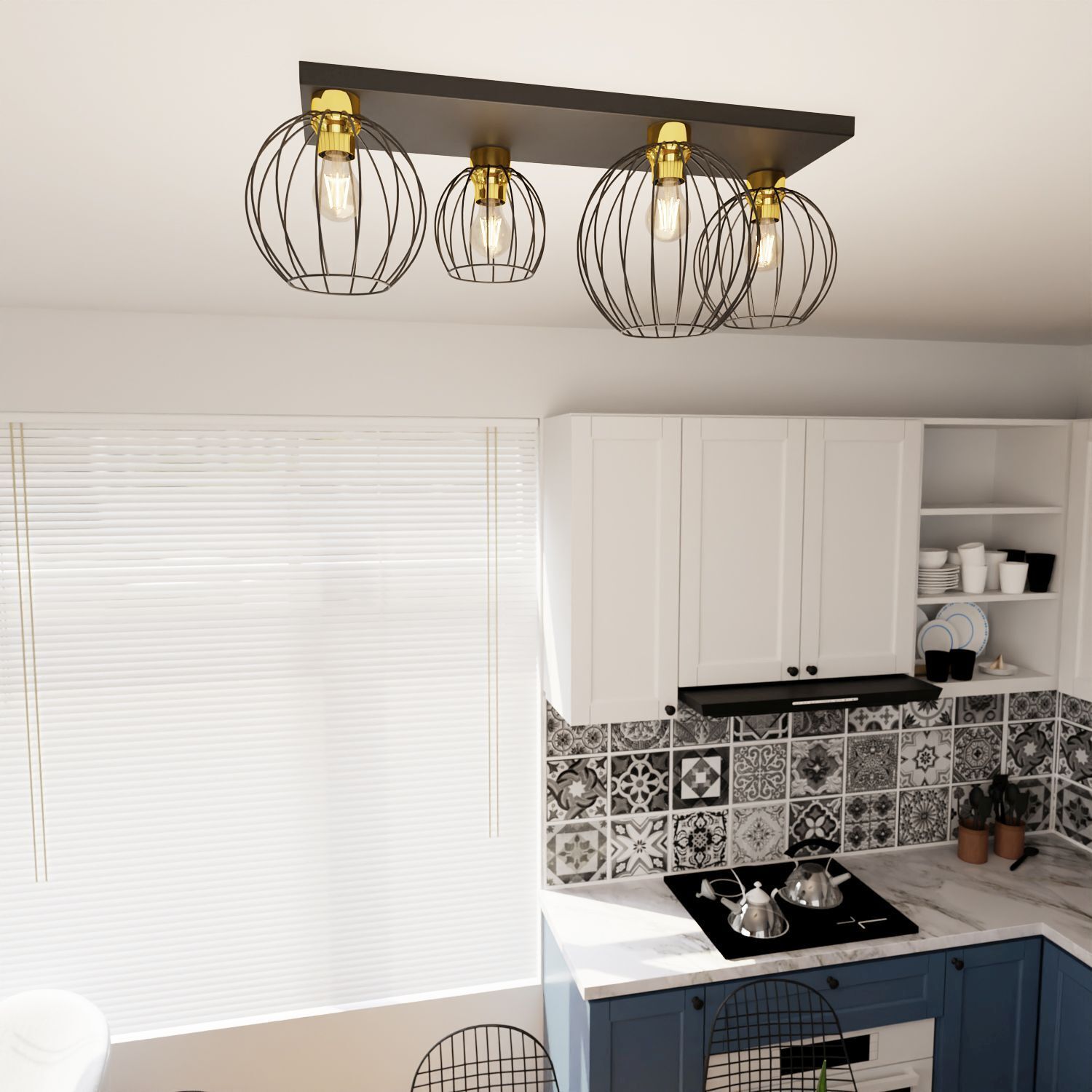 Stilvolle Deckenleuchte Schwarz Gold Metall E27 L:70 cm Leuchte, Küche, Innenarchitektur, Kronleuchter, Kochfeld