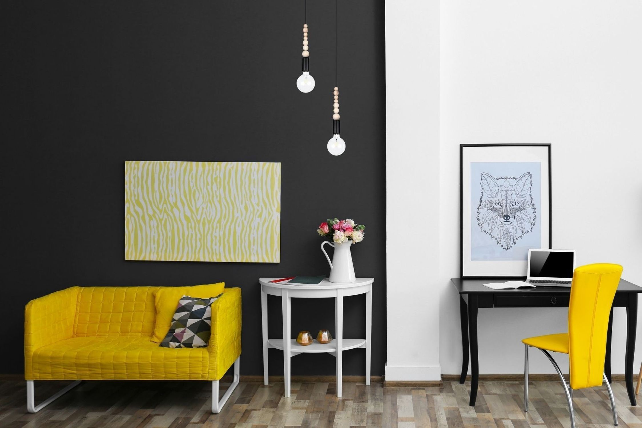 sofa, gelb, modern, wohnzimmer, wandkunst