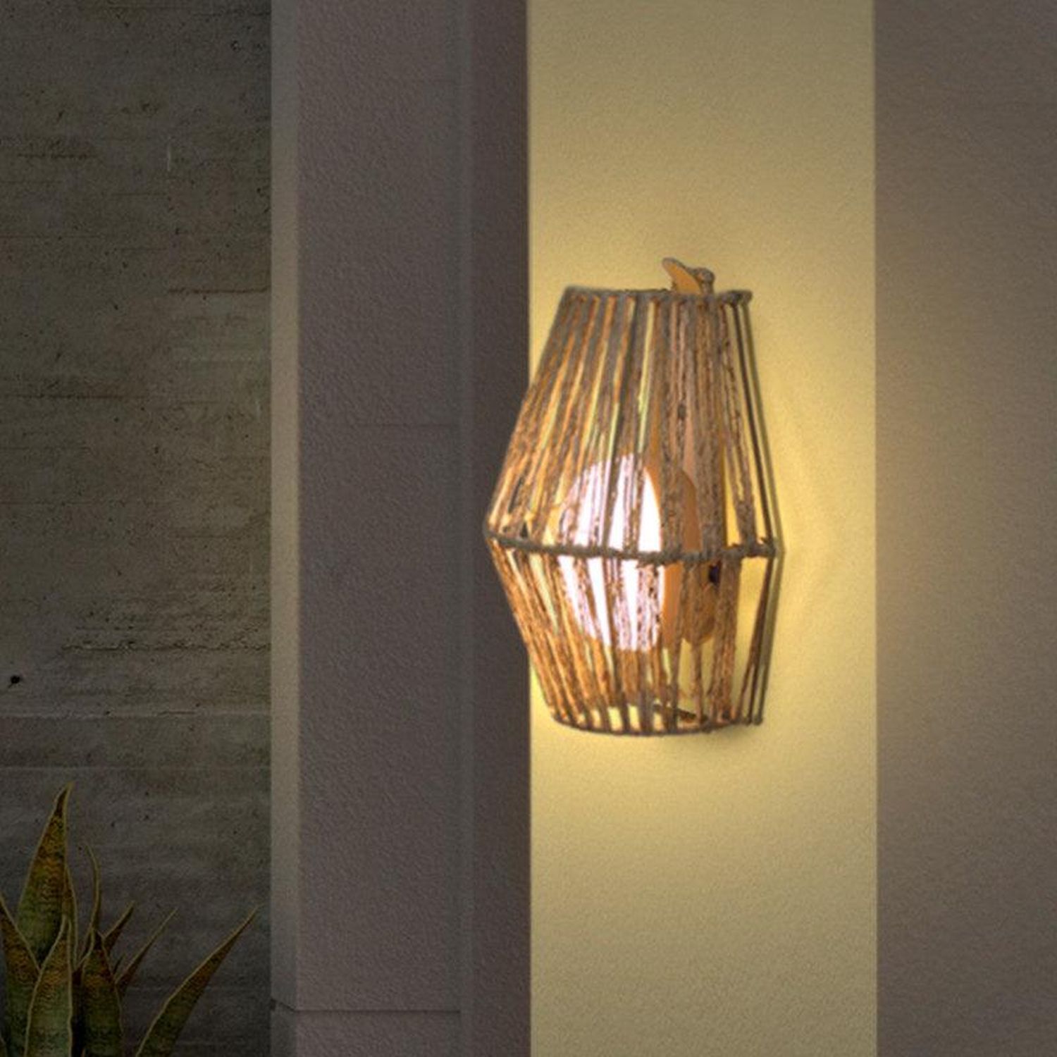 LED Wandlampe kabellos IP54 H: 24,5 cm Rattan außen Dimmer