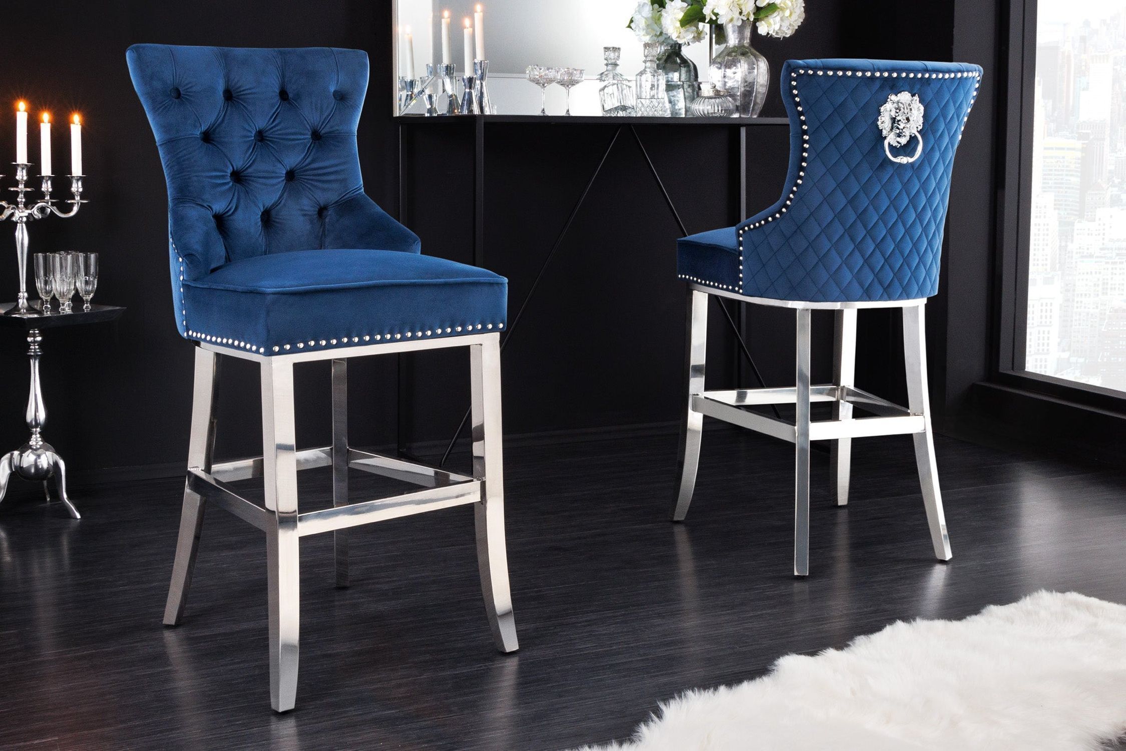 Barhocker Samt Edelstahl in Blau Silber Chesterfield Moebel, Stuhl, Schreibtisch, Kerze, Innenarchitektur