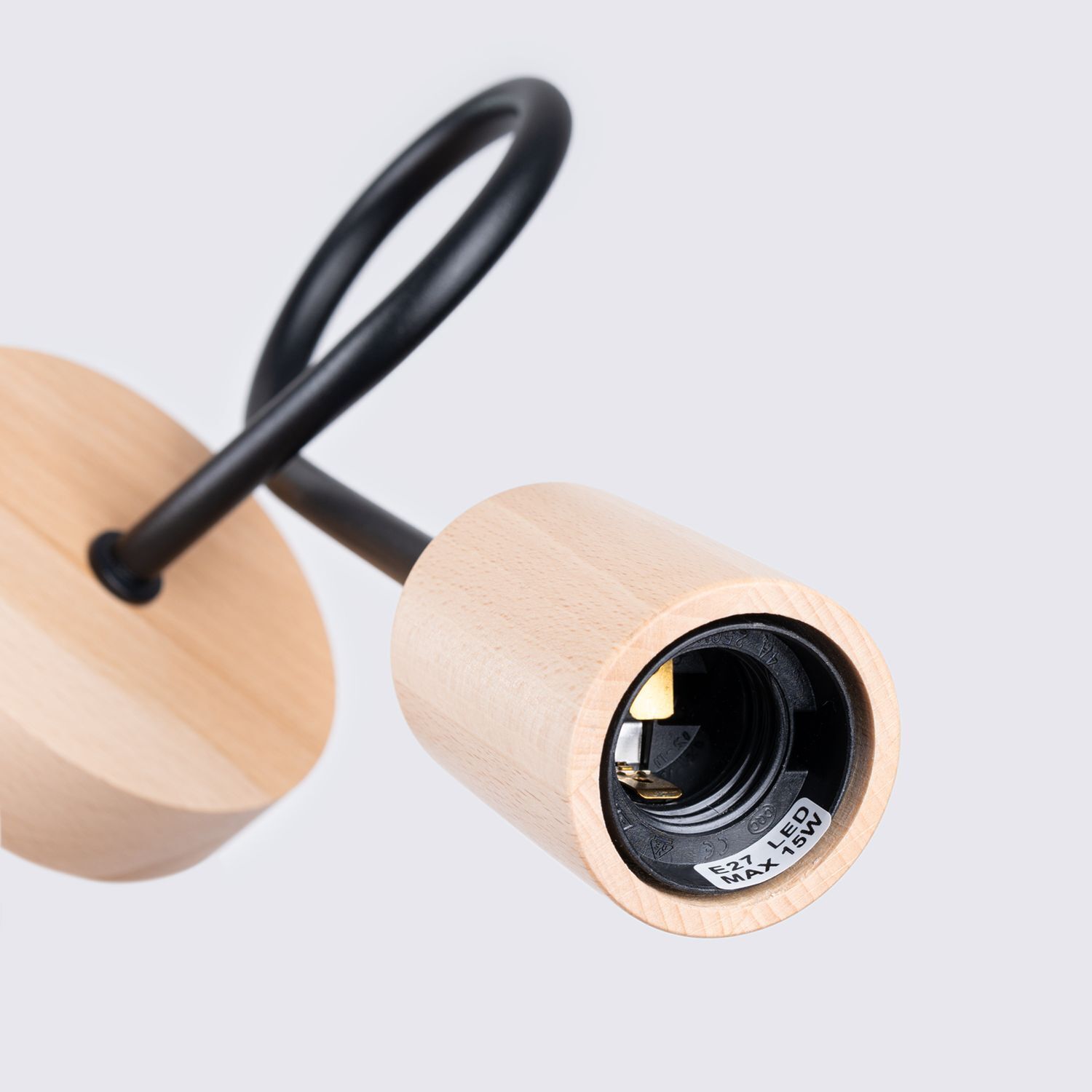 Wandleuchte mit Arm Holz Stahl Schwarz E27 H:24 cm lampenfassung, holzmantel, E27 fassung, hängendes licht, kabelschlinge