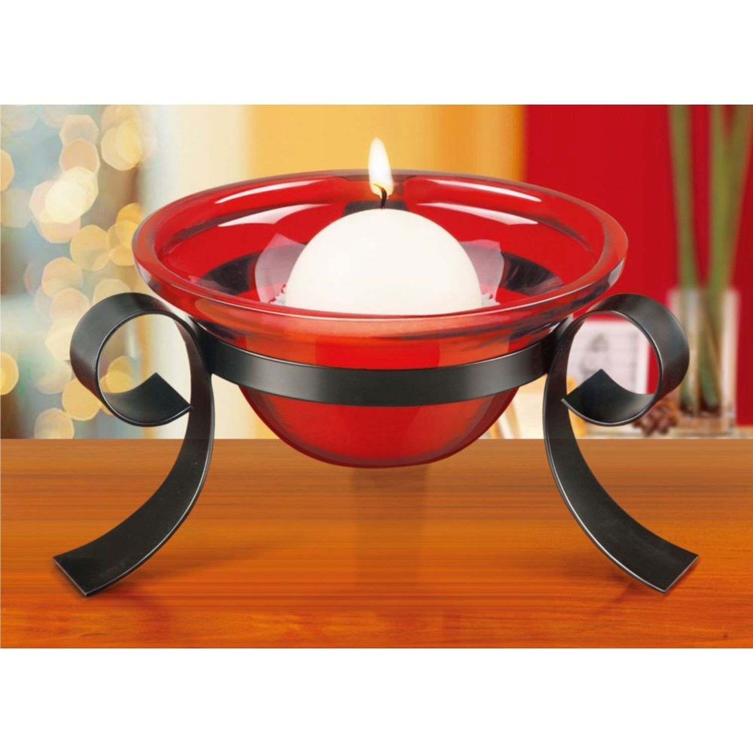 Kerzenständer Glas Metall Rot Schwarz mit Kugelkerze Ø 21 cm