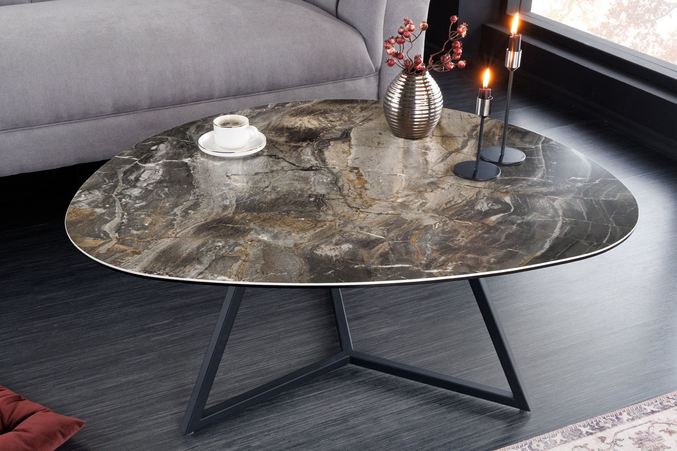 Couchtisch Keramik Hartglas Metall in Taupe Schwarz 90x75 cm Moebel, Tabelle, Tischplatte, Kaffeetisch