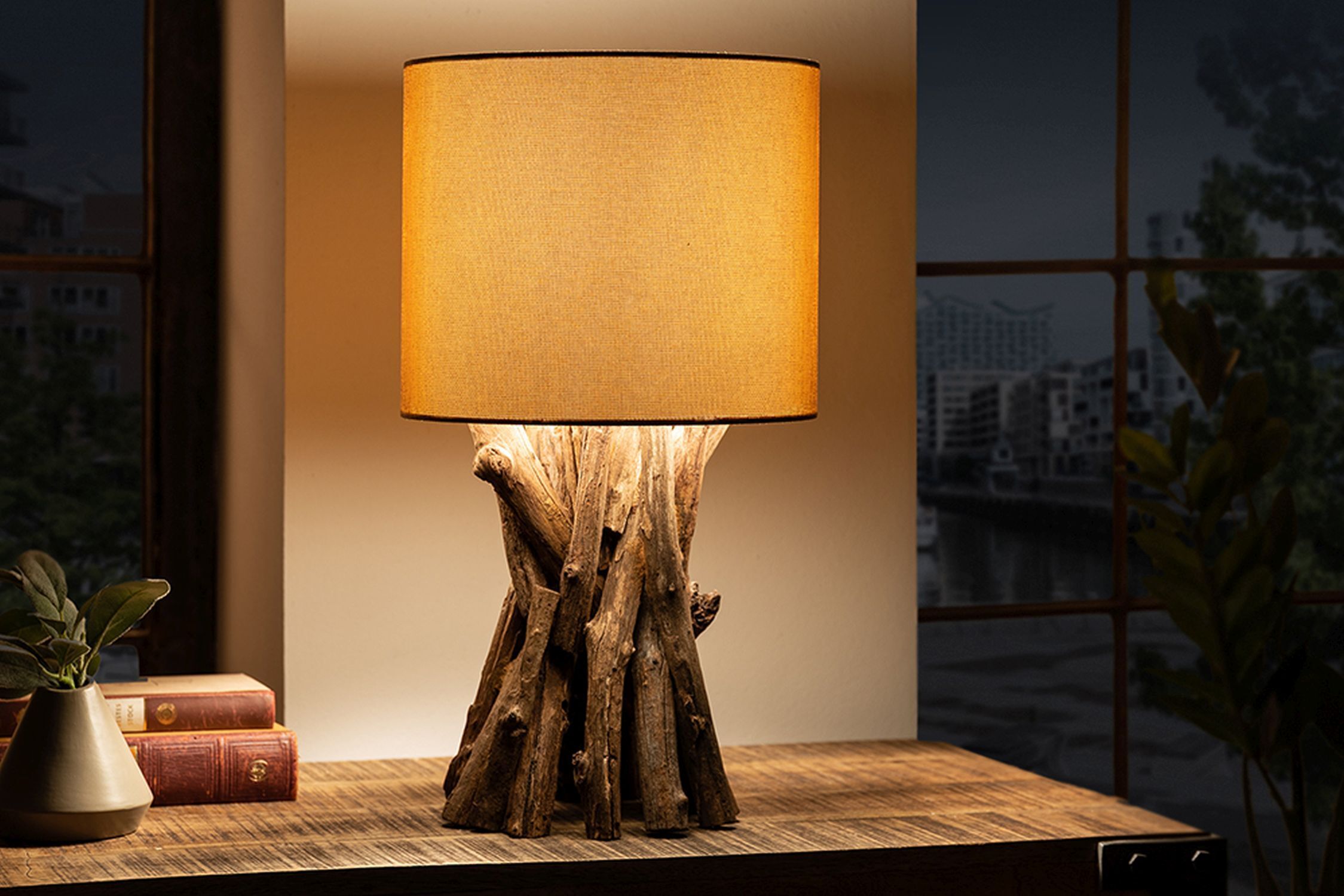 Blendarme Tischleuchte Holz Leinen 50 cm E27 wohnlich