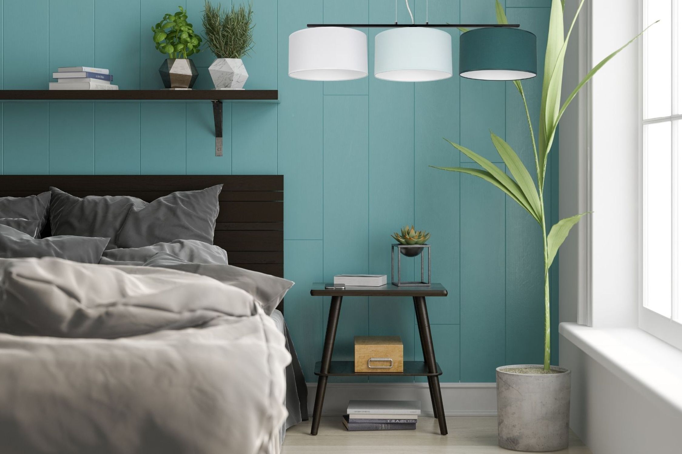 Wohnliche Pendelleuchte Stoff Weiß Mint Grün L:100 cm Drinnen, Innenarchitektur, Lampe, Pflanze