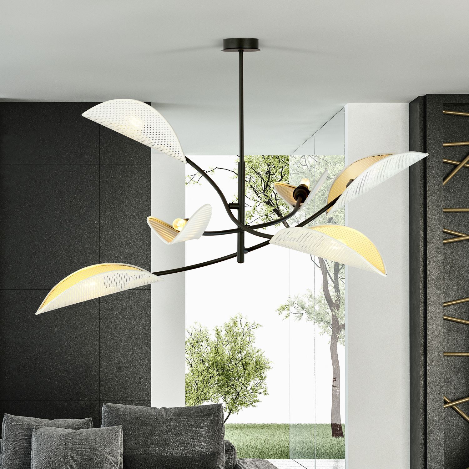Deckenleuchte Stoff Metall L: 102cm drehbar Schwarz Weiß Gold Leuchter, Lampe, Deckenventilator, Gerät, Elektrisches Gerät
