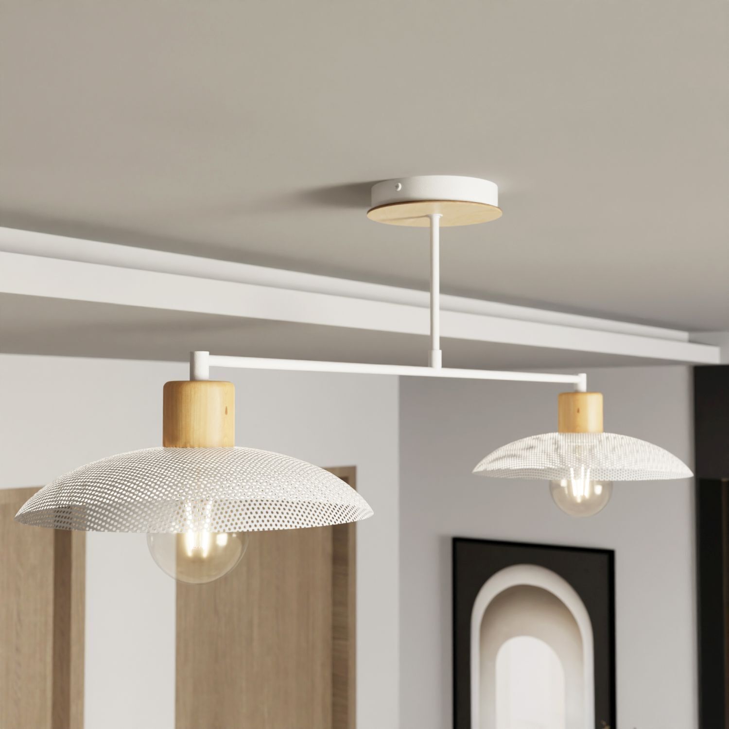Deckenleuchte Metall 100 cm lang E27 2-flammig Weiß Holzoptik