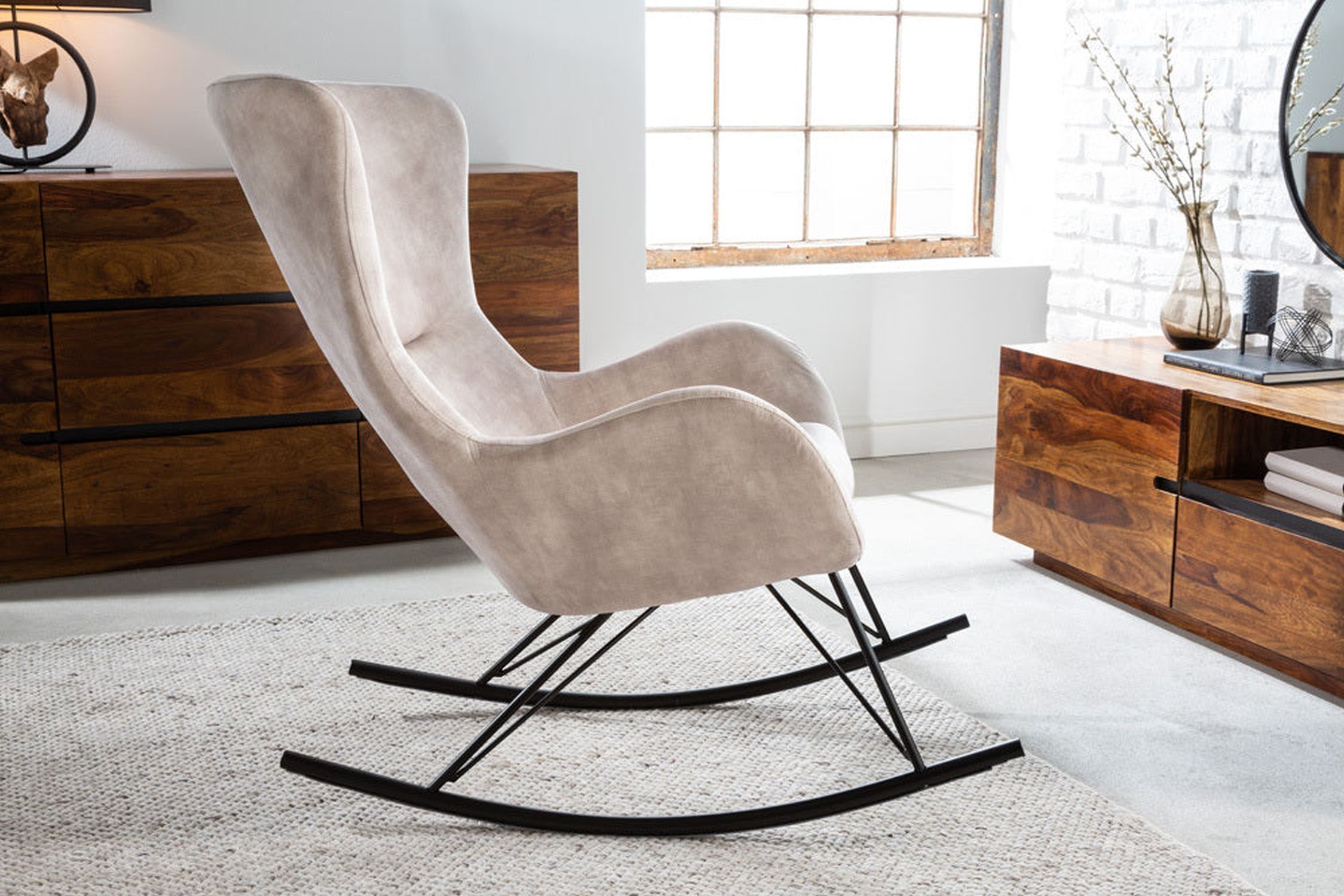 Schaukelstuhl Samt Metall in Beige Creme Schwarz Moebel, Stuhl, Schaukelstuhl