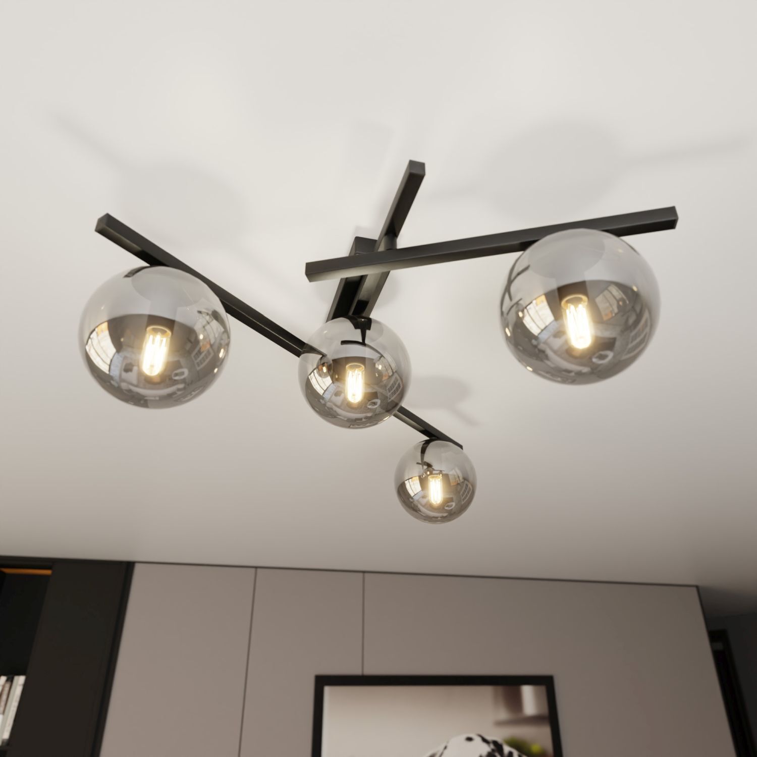Deckenlampe Rauchglas Metall 63 cm lang E14 4-flammig