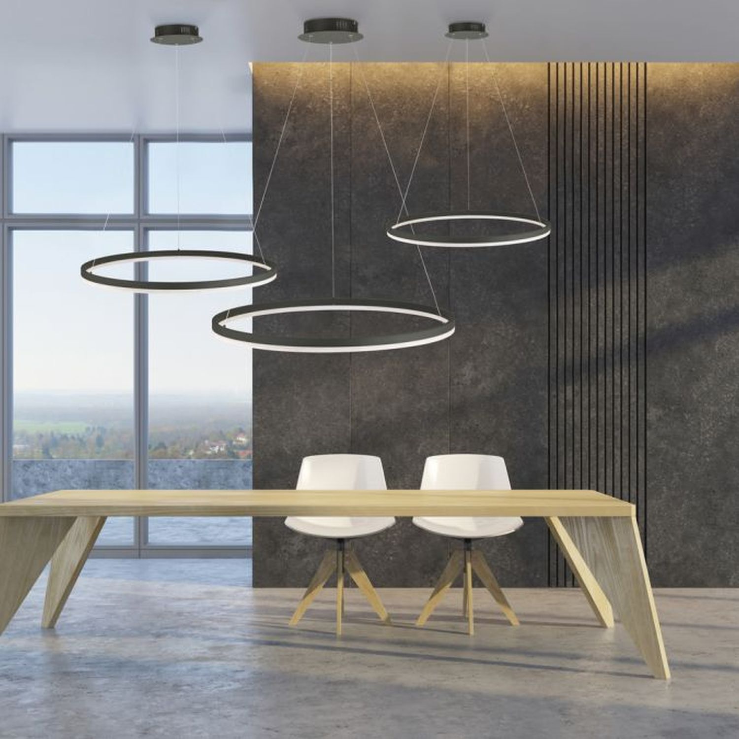 LED Pendelleuchte Anthrazit dimmbar 3000 K Ø80 cm Ring Innenarchitektur, Esszimmer, Esstisch, Tisch, Stuhl