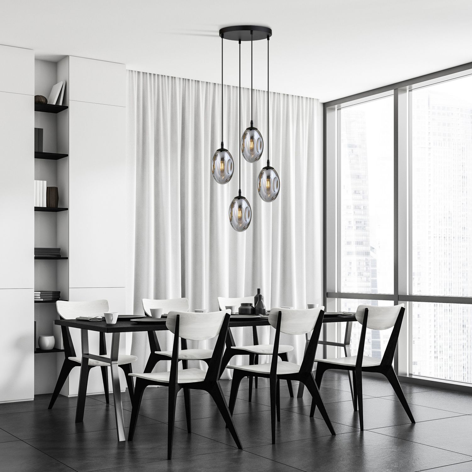 Pendelleuchte Schwarz Grau 4-flammig E14 Rauchglas