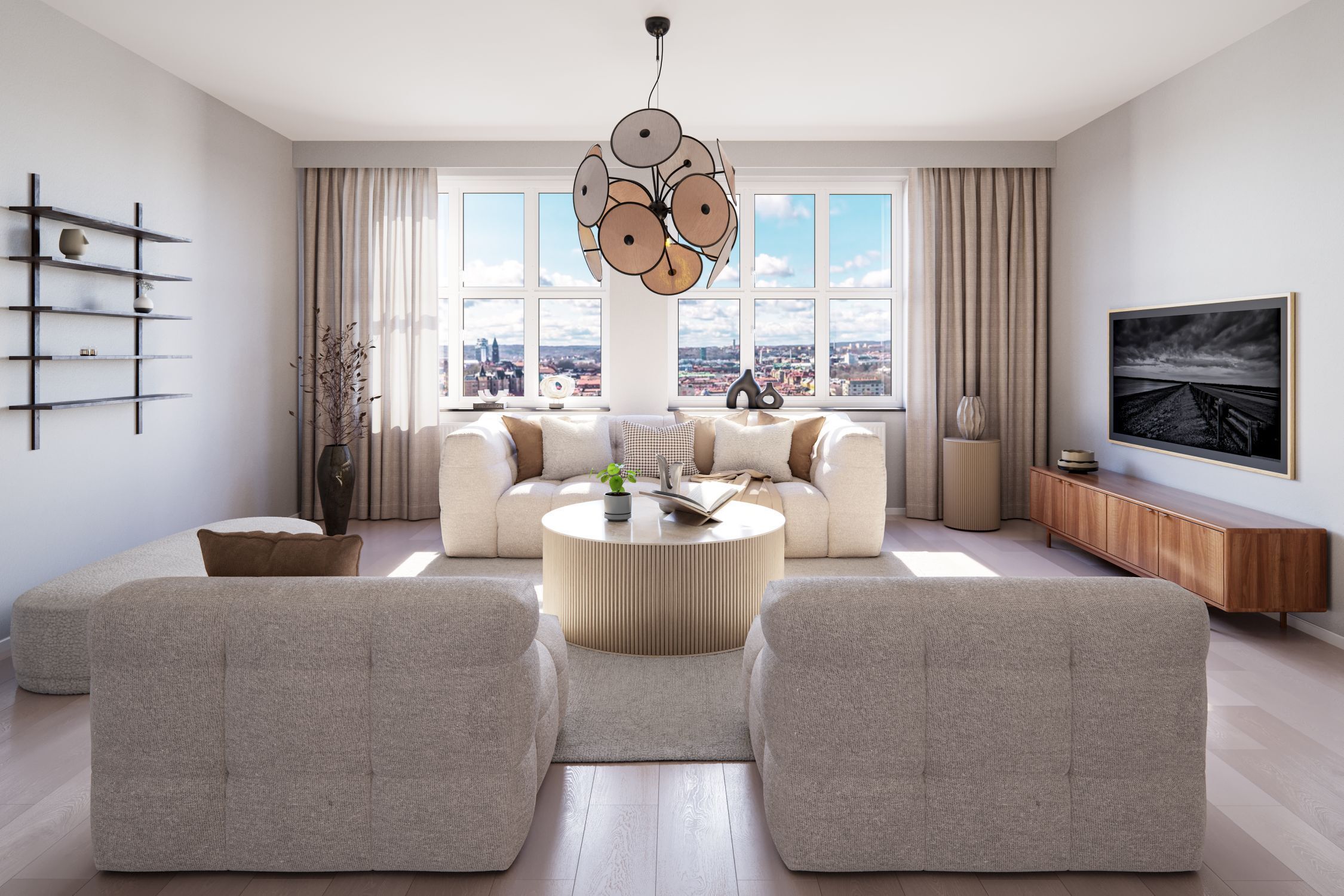 Hängeleuchte dekorativ Metall Stoff D: 83,5 cm 4x E14 Wohnzimmer, Sofa, Couchtisch, Fernseher, Lampe