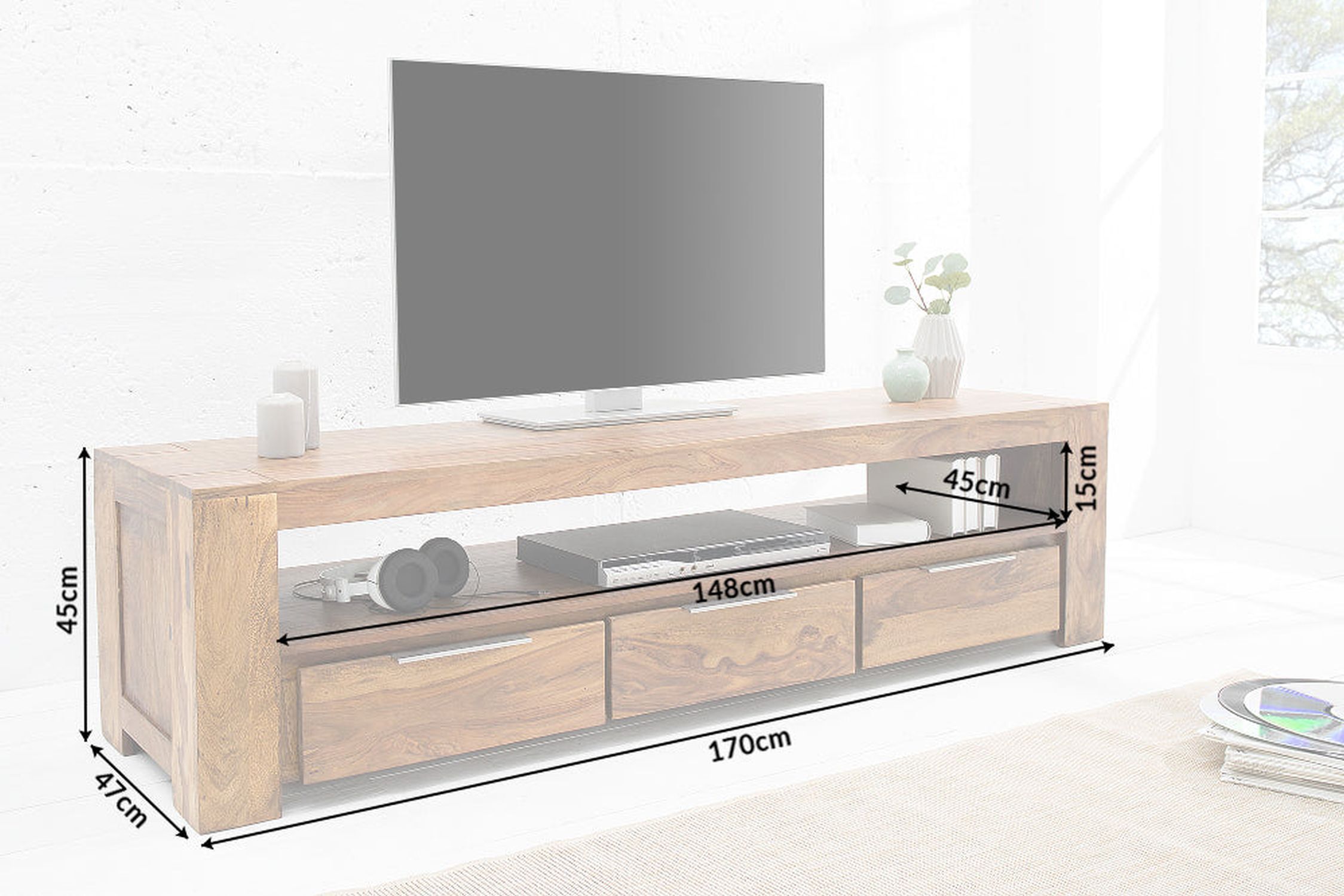 TV Lowboard Holz Sheesham 170 cm breit Schubladen großes Fach