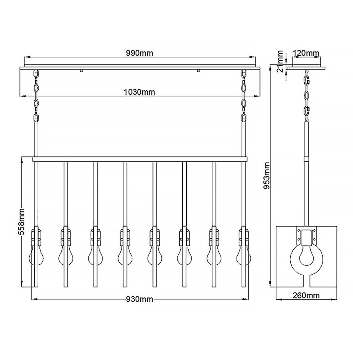 Hängeleuchte länglich H: max. 142,9 cm Nickel poliert E27 Geländer, Handlauf